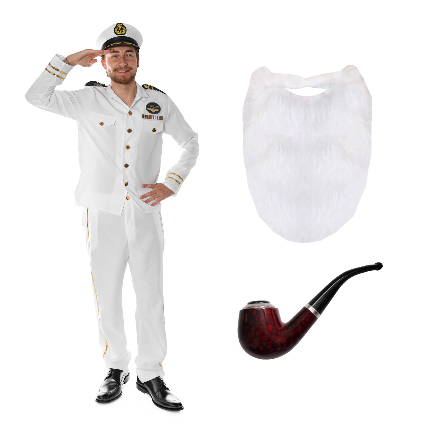 Adults Sailor Captain Costume | 5 Pcs | Jacket, Trousers, Hat, Beard & Pipe