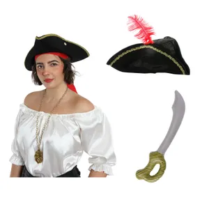 Ladies Pirate Costume Set | 3 Pcs | White Blouse, Hat & Inflatable Sword
