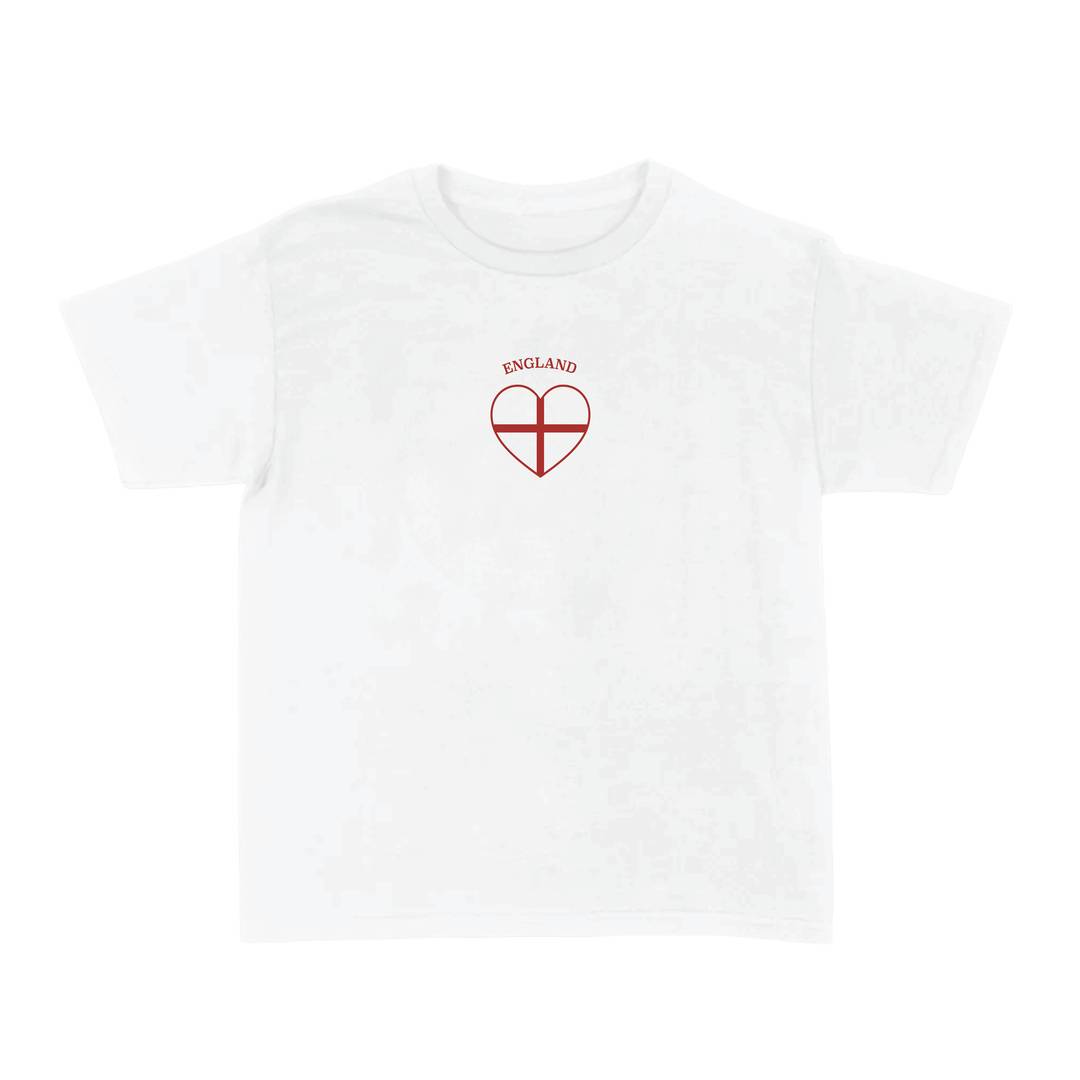 Ladies “England” Heart Baby Tee | Women’s England Football Supporter Tee | White Slogan Top