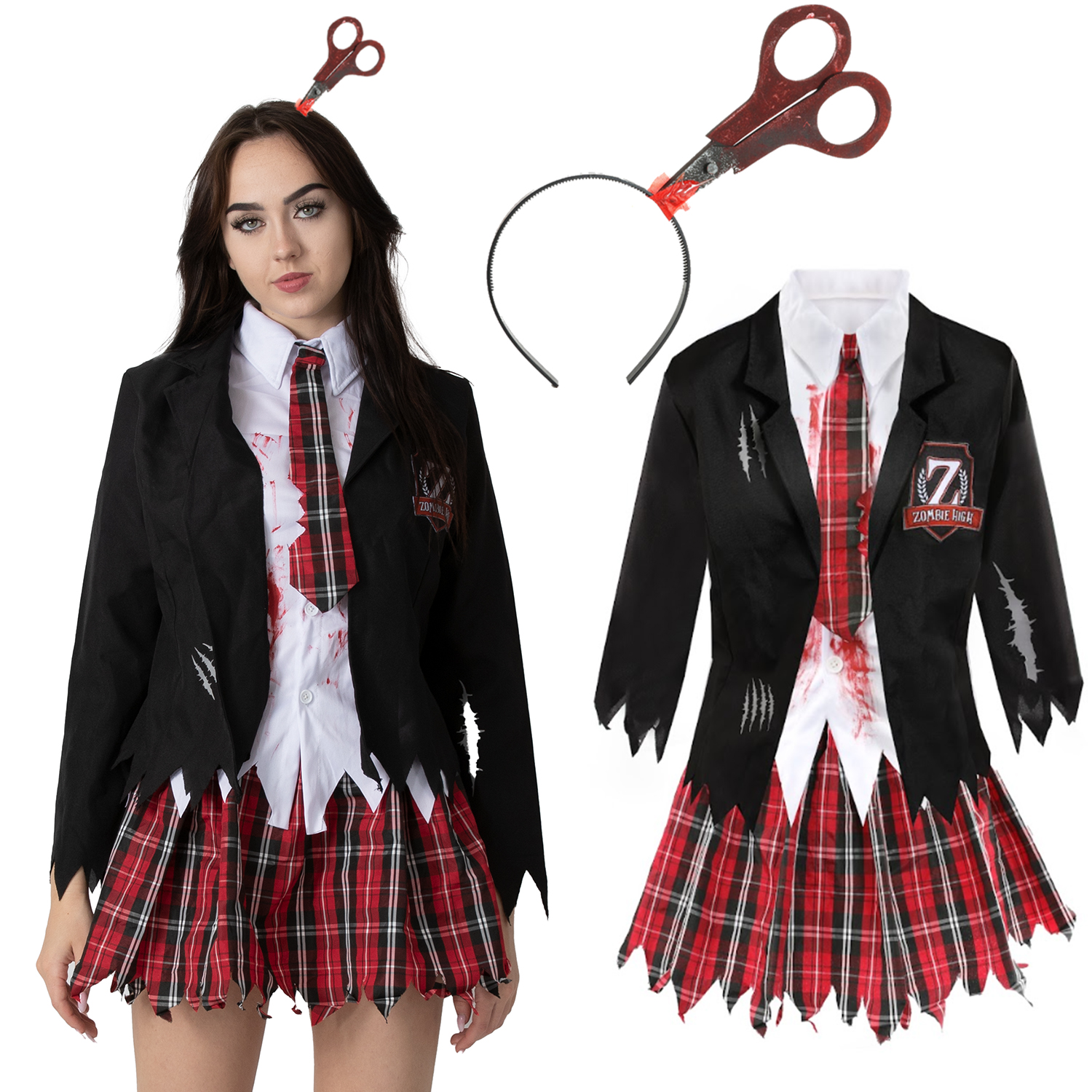 Ladies Zombie Schoolgirl Halloween Costume with Scissors on Headband