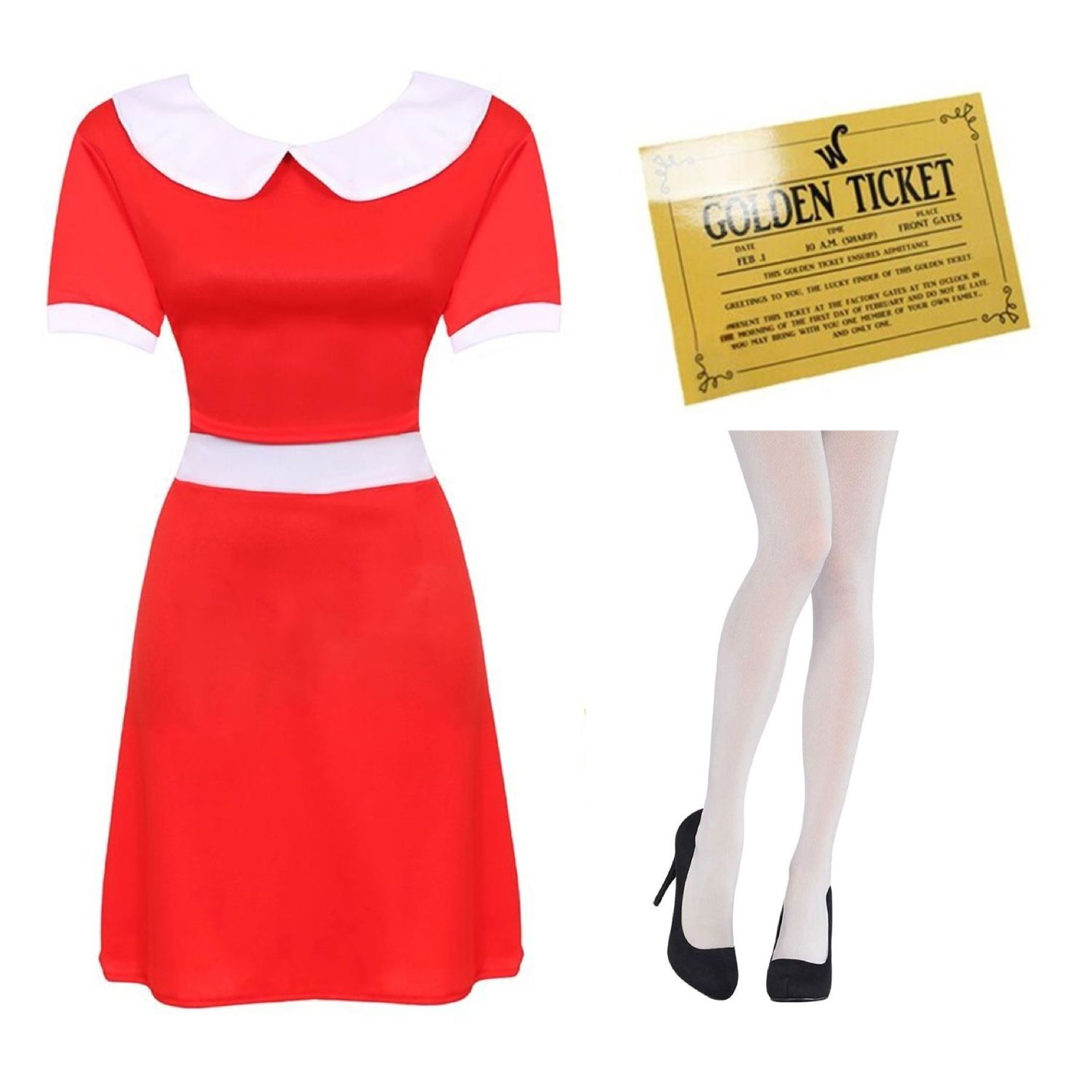Ladies Spoilt Golden Ticket Winner Costume - Dress, Ticket & Tights