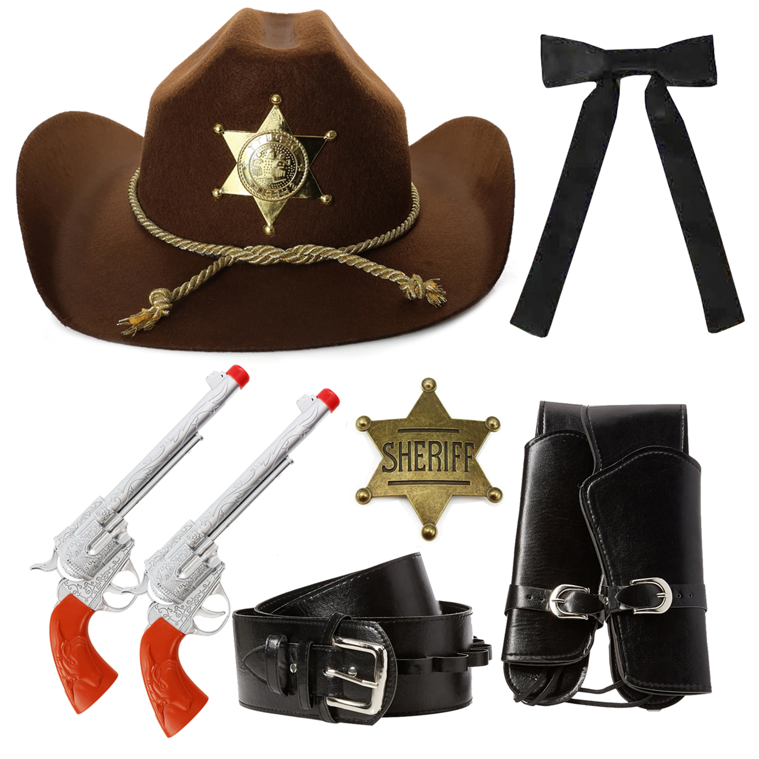 Adults Sheriff Accessory Set | 5 Pcs | Brown Hat, Plastic Pistols, Gun Holster, Gold Badge & Western Tie
