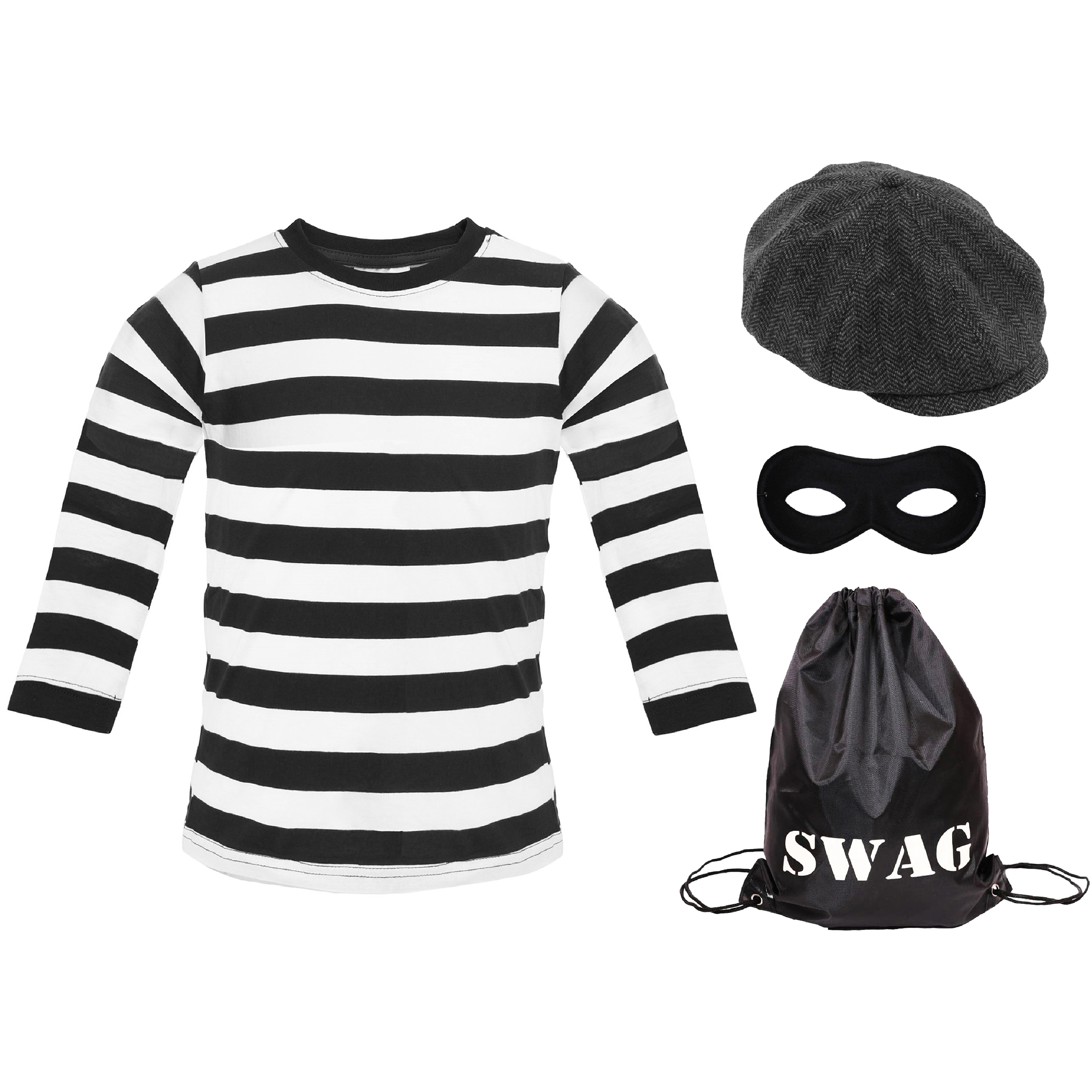 Child's Storybook Burglar Costume - Long Sleeve Top, Grey Hat, Mask & Swag Bag