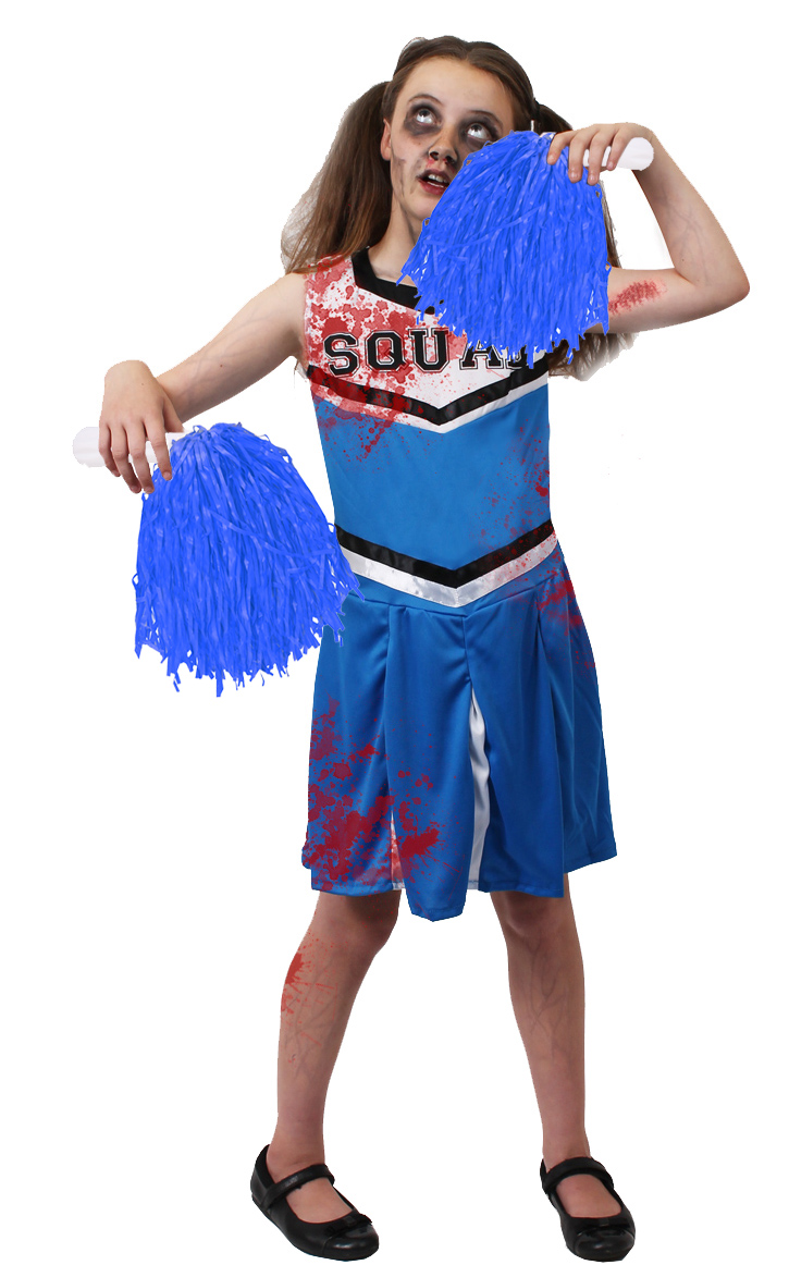 Girls Blue Zombie Cheerleader Halloween Fancy Dress Costume with Pom Poms