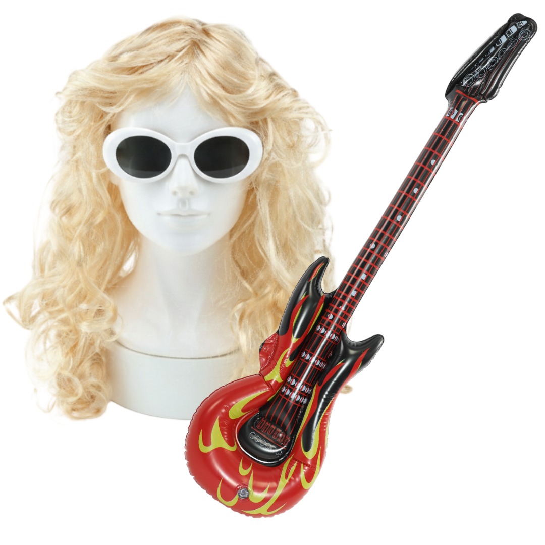 Adults 90's Grunge Rock Singer Accessory Set | 3 Pcs | Wig, Glasses & Inflatable Guitar