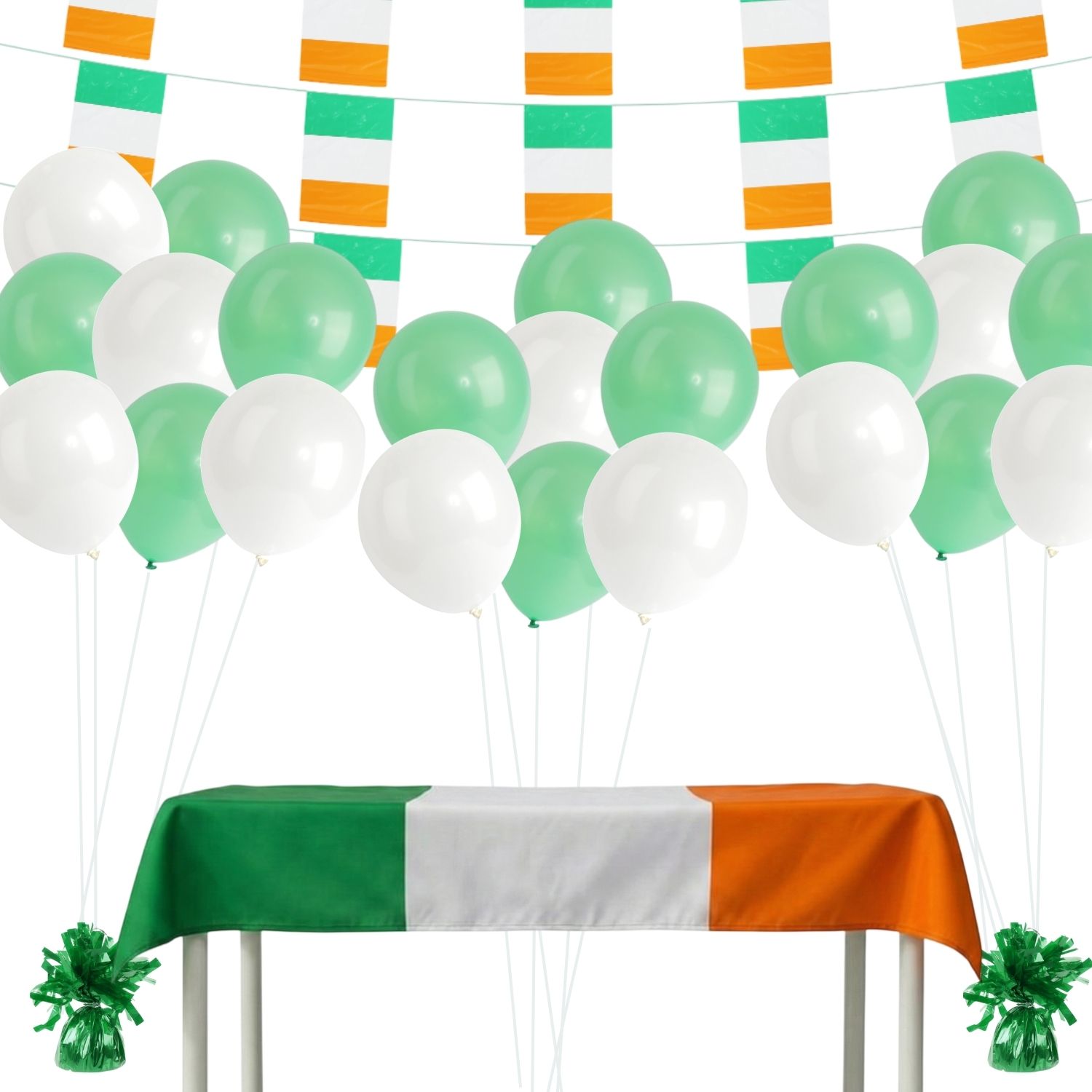 St Patricks Day Partyware Bundle | 127 Pcs | Balloons, Ribbon, Table Cloth, Bunting & Balloon Weights