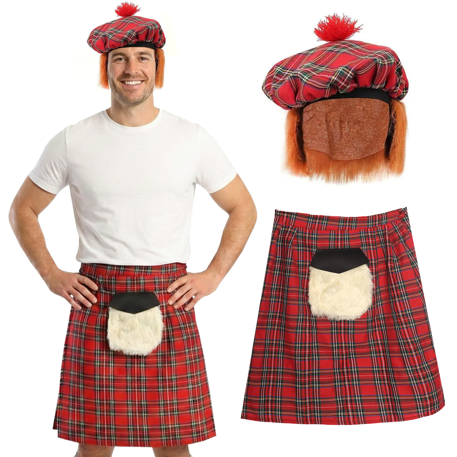 Adults Scottish Man Costume | 2 Pcs | Tartan Kilt with Sporran Pocket & Tam O Shanter