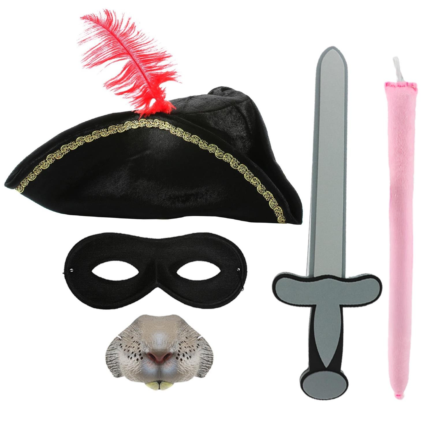 Childs Highway Rodent Accessory Set | 5 Pcs | Feather Tricorn Hat, Nose, Mask, Foam Sword & Tail