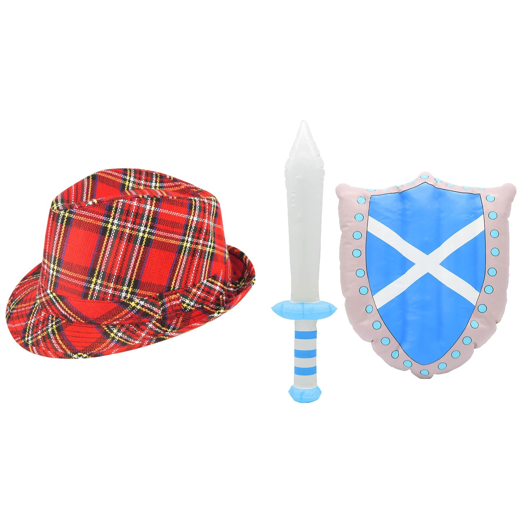 Adults Scottish Accessory Set | 3 Pcs | Hat, Inflatable Sword & Shield