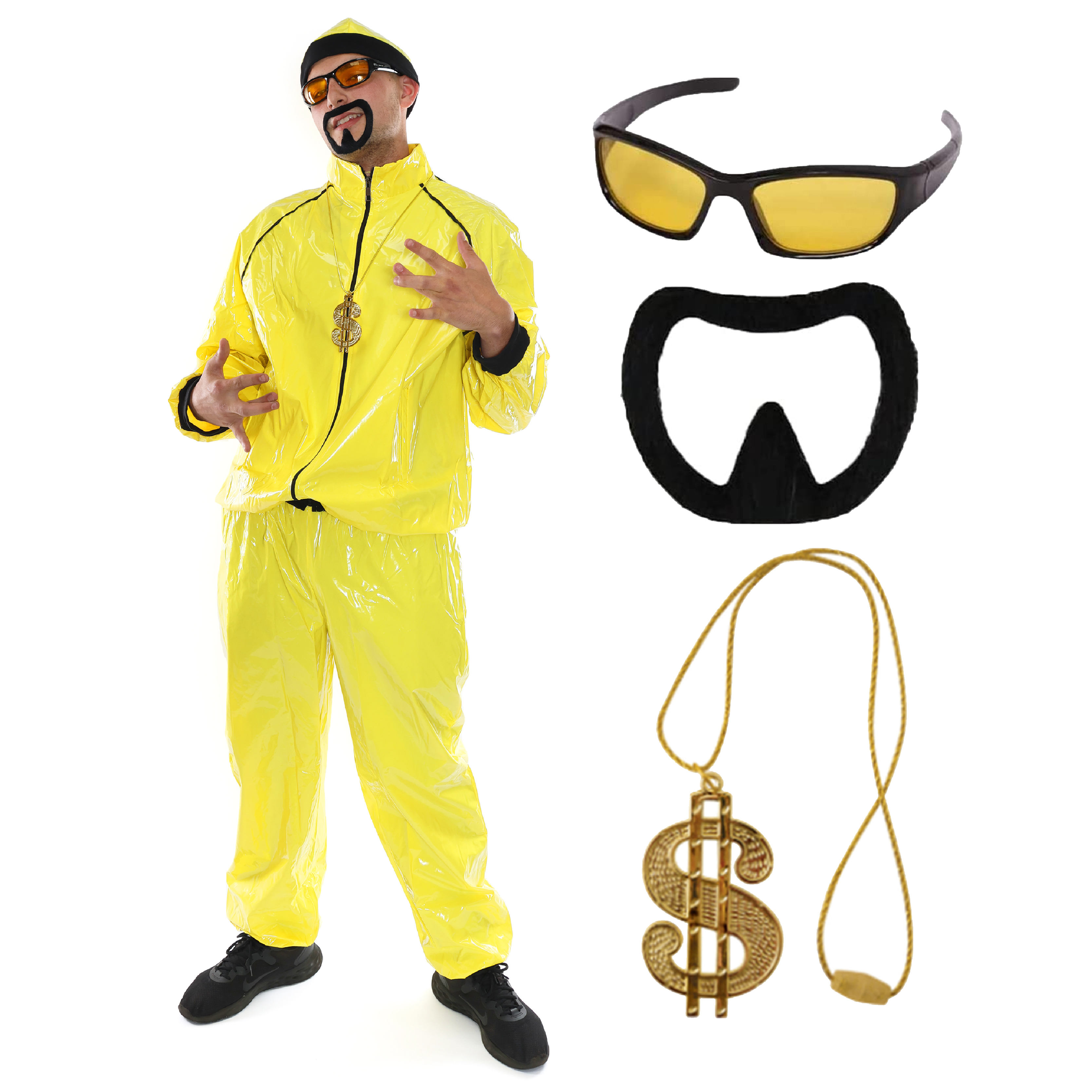 Adults Funny 90's Rapper Costume - Yellow Hat, Glasses, Goatee & Dollar Chain