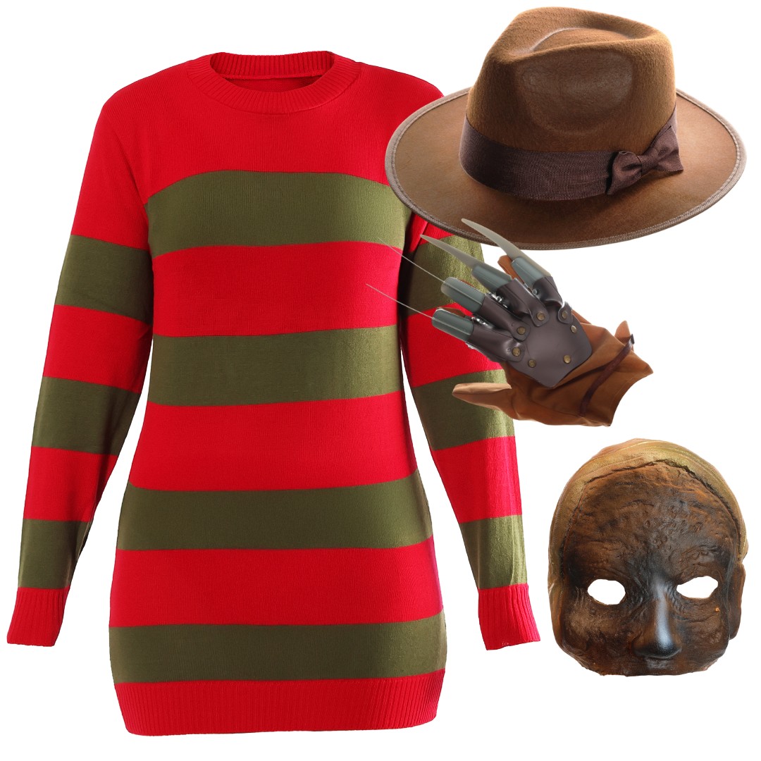 Ladies Freddy Krueger Costume | 4 Pcs | Dress, Hat, Claw & Mask