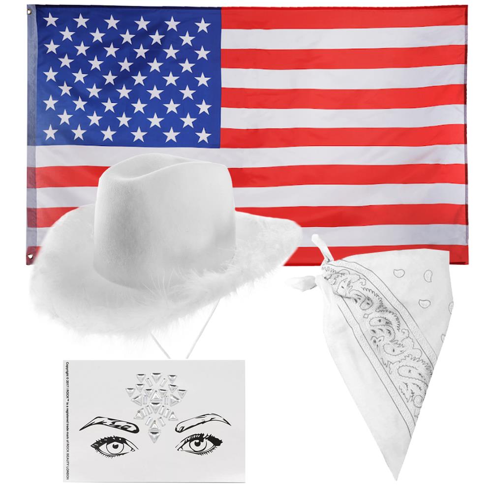 Western Cowboy Accessory Set - White Marabou Hat, Face Gems, Bandana & American Flag