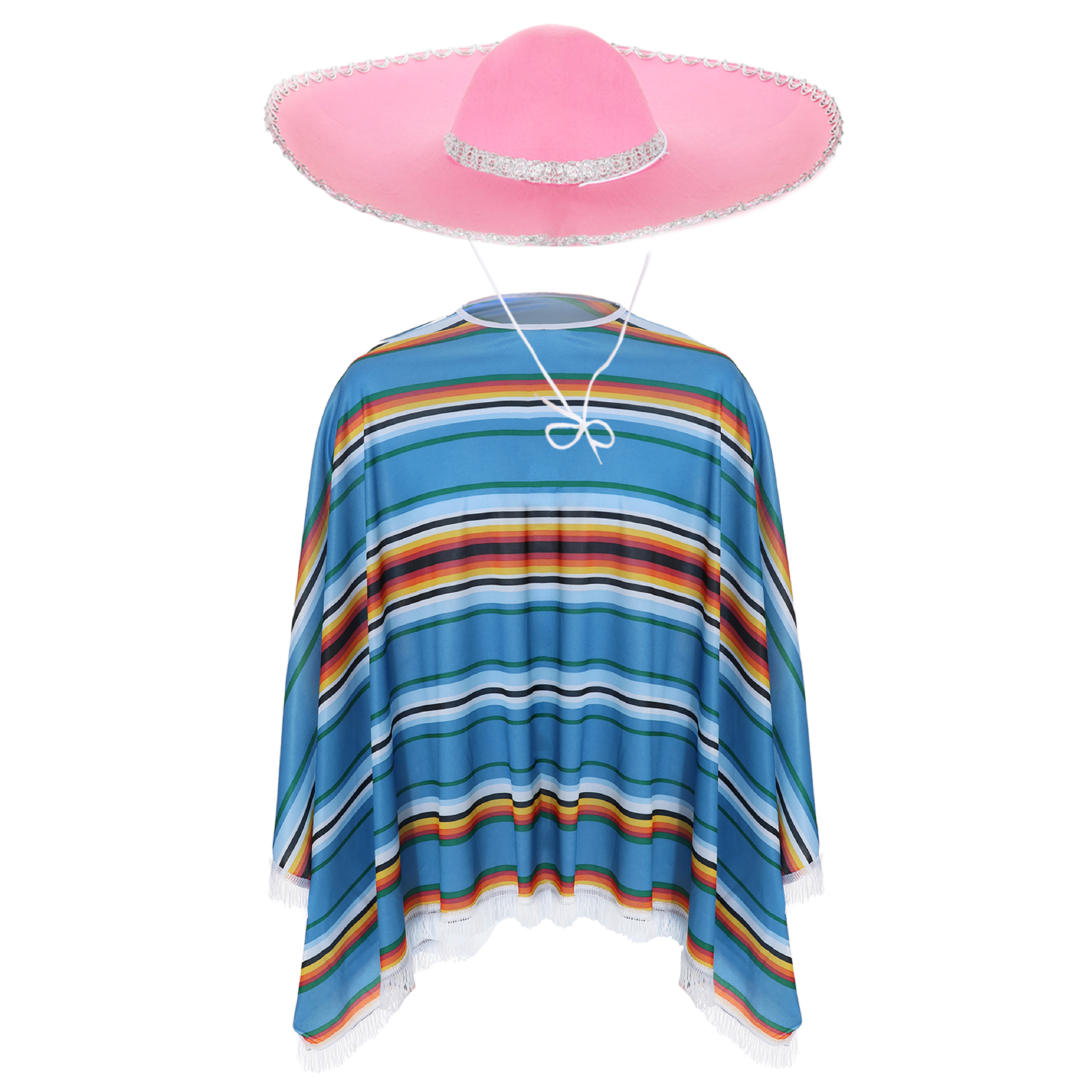 Blue Striped Poncho & Pink Felt Sombrero