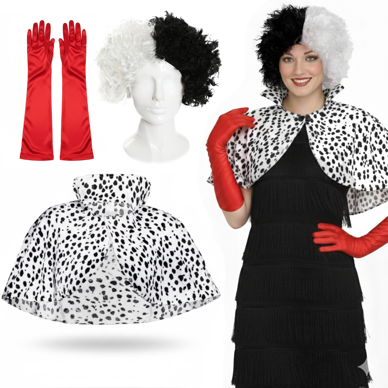 Ladies Evil Dog Lady Costume | 4 Pcs | Dress, Cape, Crimped Wig & Gloves