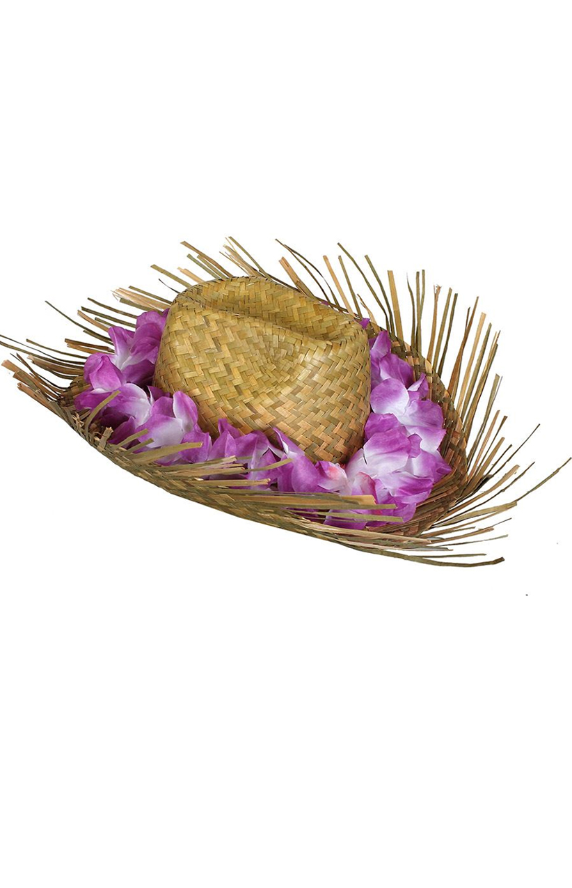 Straw Beachcomber with attached Purple Lei