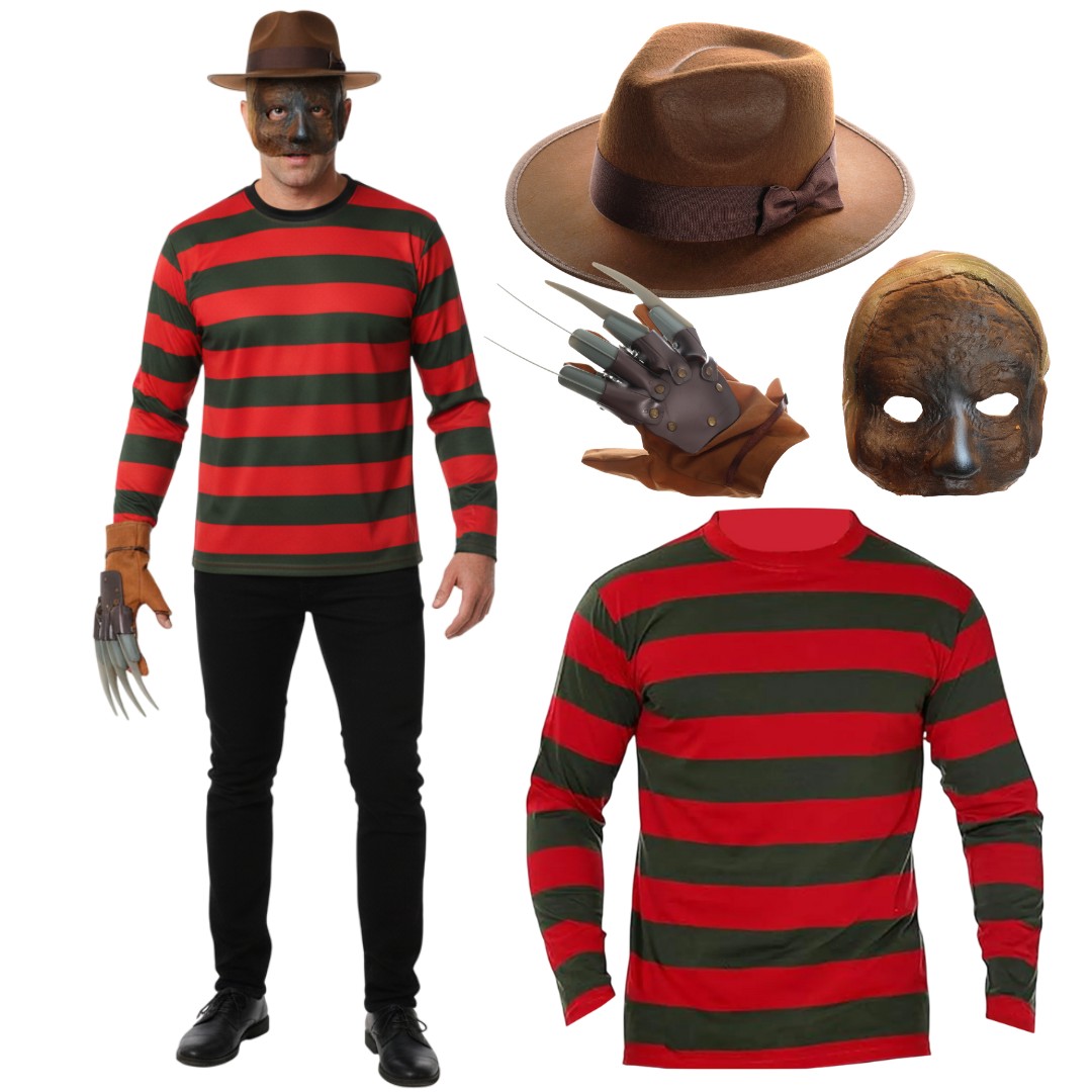 Adults Freddy Krueger Costume - Striped T-shirt, Brown Hat, Claw & Mask