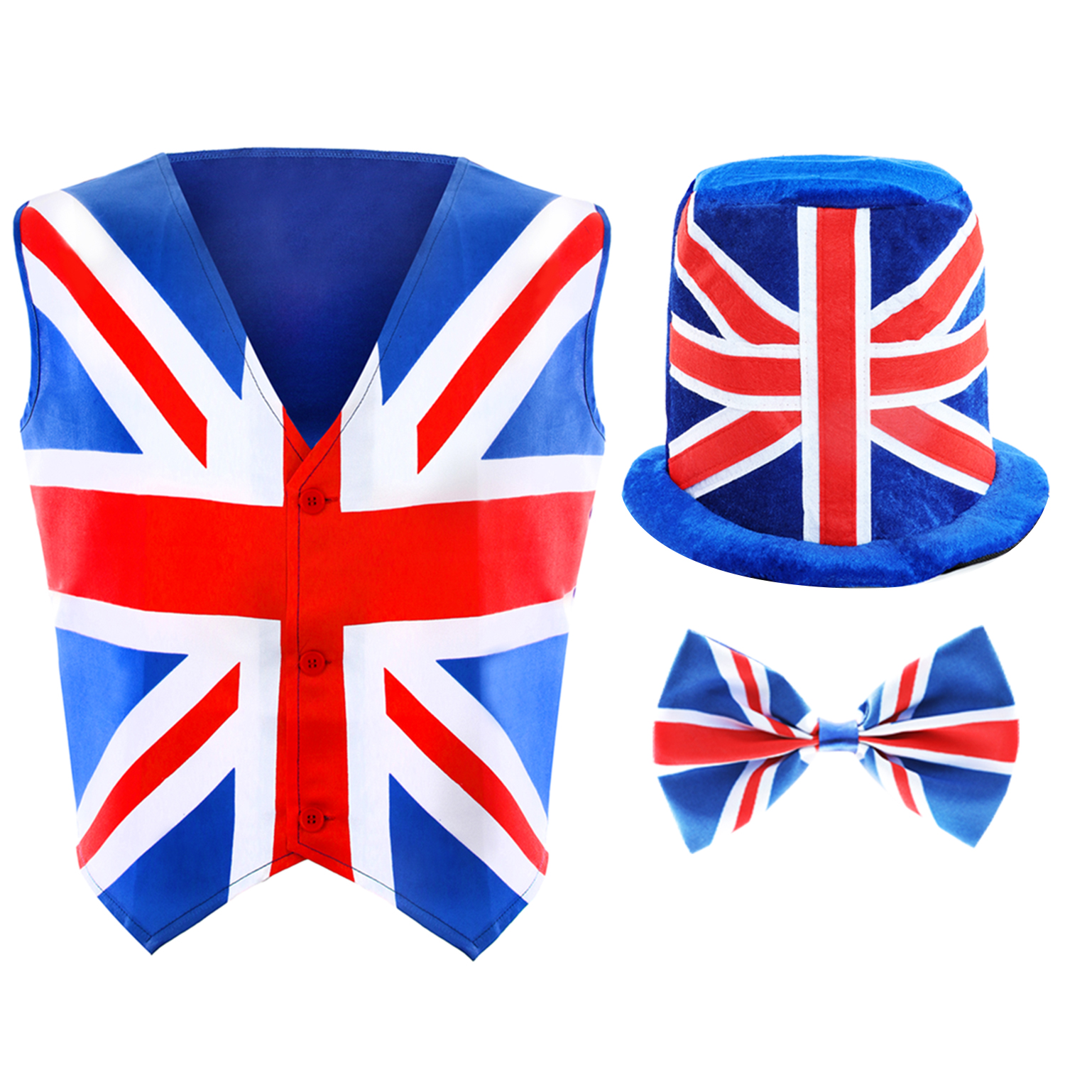 Adults Union Jack Waistcoat, Bow Tie & Soft Top Hat