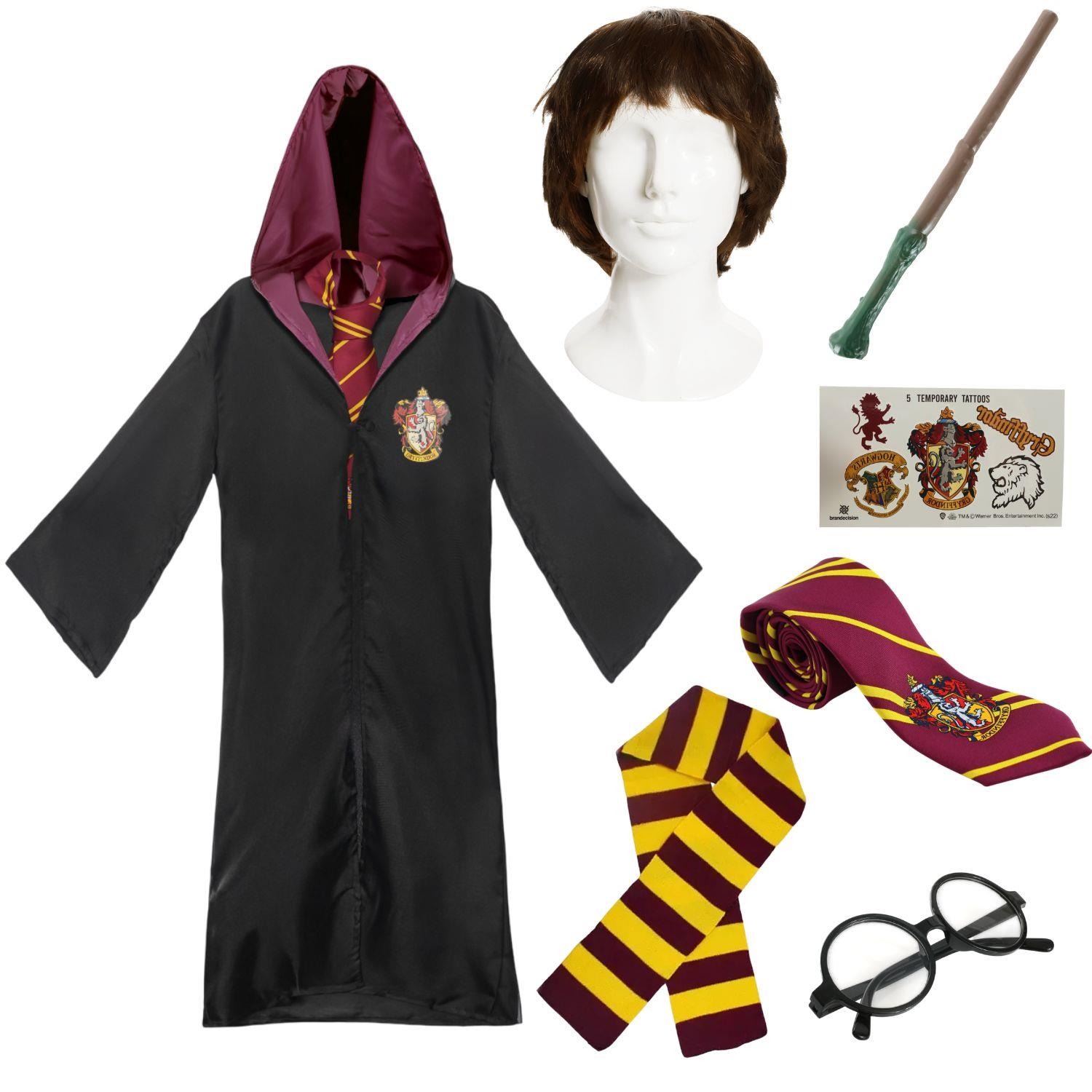 Adults Harry Potter Costume | 7 Pcs | Robe, Tie, Wig, Wand, Glasses, Tattoos & Scarf