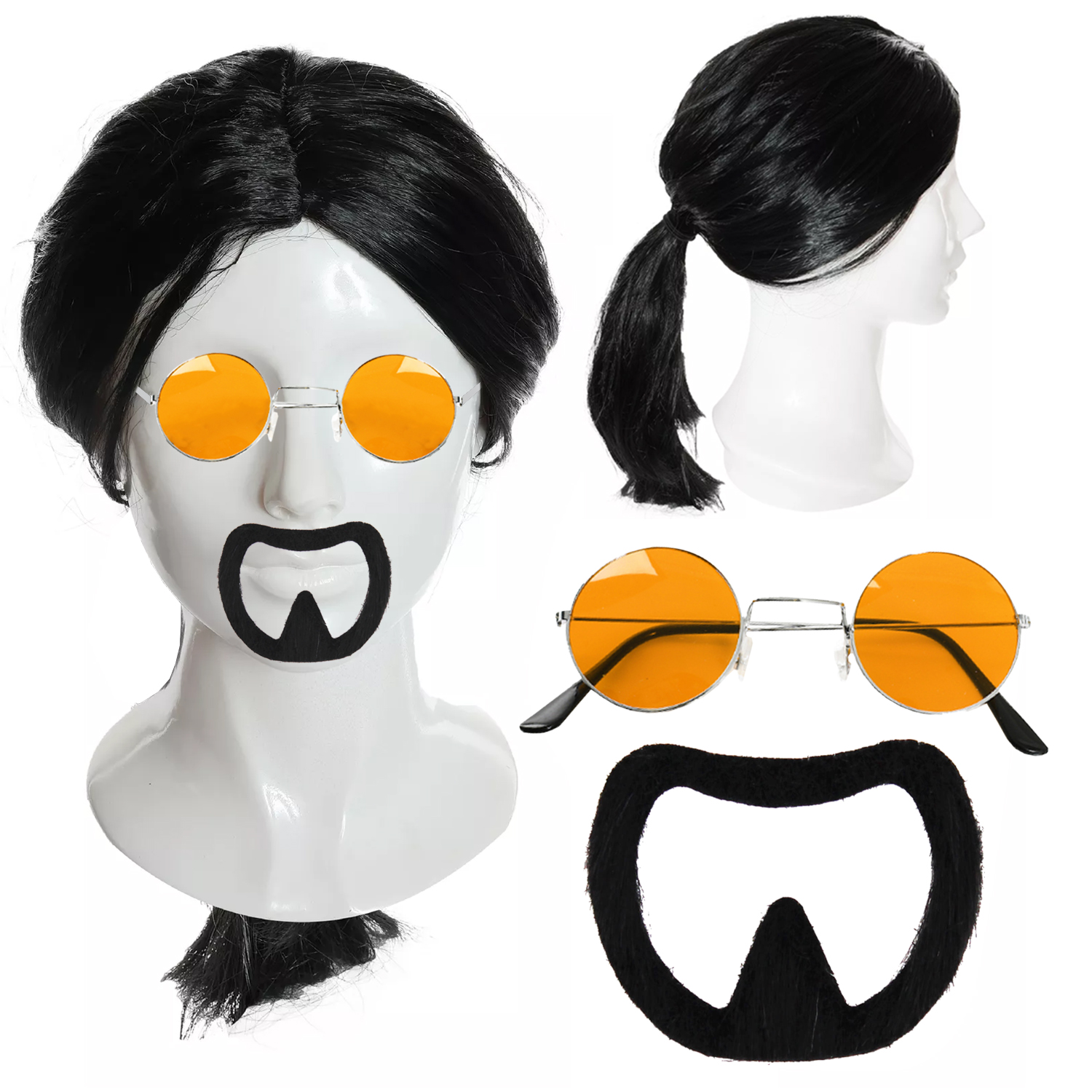 Adults action hero accessory set | Wig, Goatee & Orange Glasses