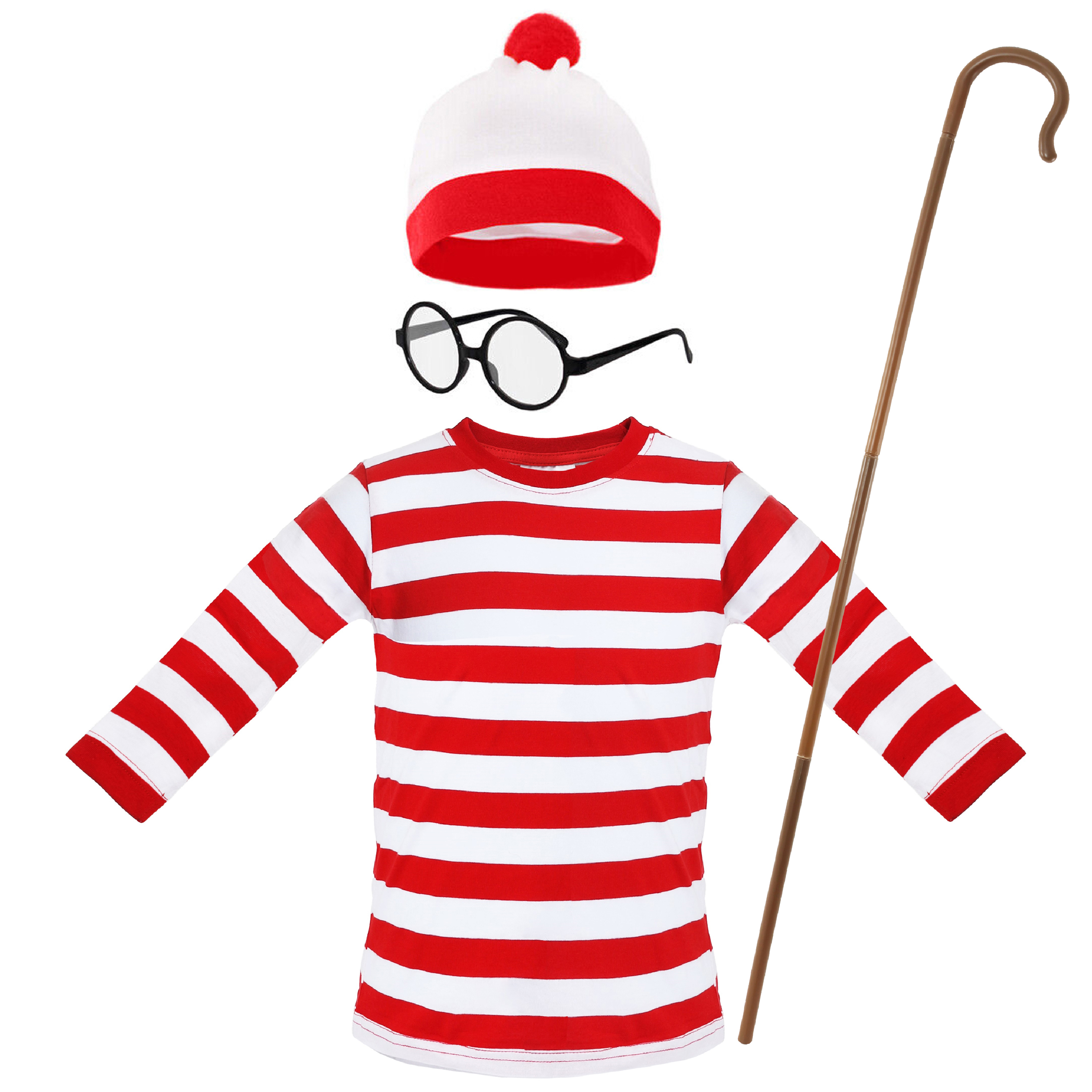Childs Find Me Costume - Long Sleeve Top, Bobble Hat, Round Glasses & Crook