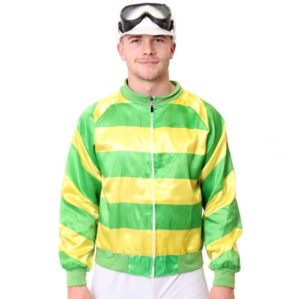 Adults Green & Yellow Jockey Costume with Black Goggles