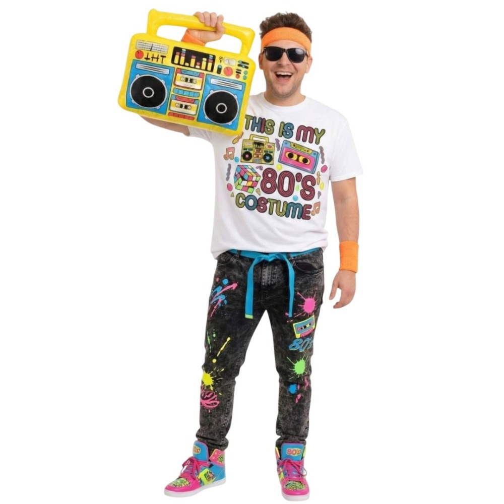 Adults 80’s Costume | 5 Pcs | White T-Shirt, Glasses, Inflatable Boombox & Orange Sweatbands