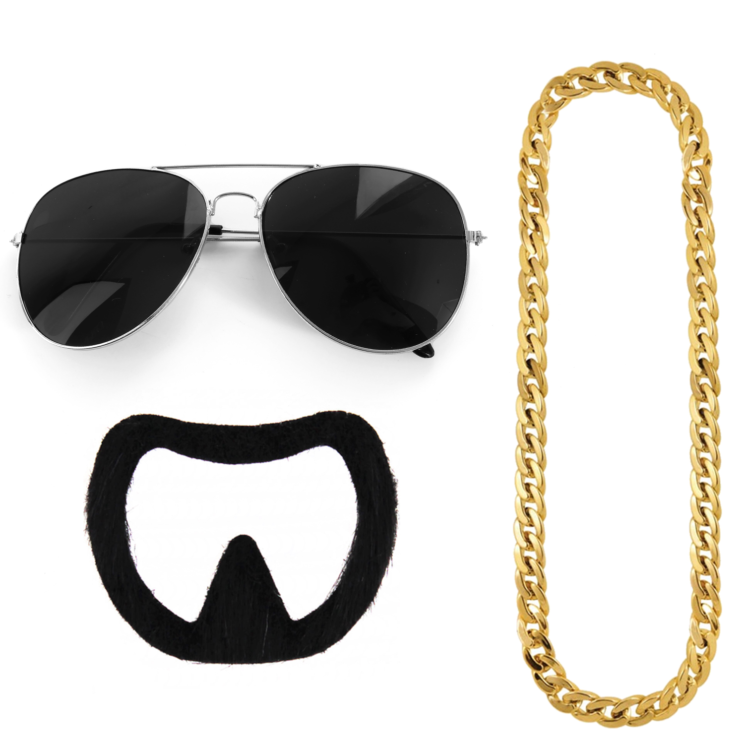 Ibiza Final Boss Costume Accessory Set | 3 Pcs | Chain, Aviator Sunglasses & Goatee