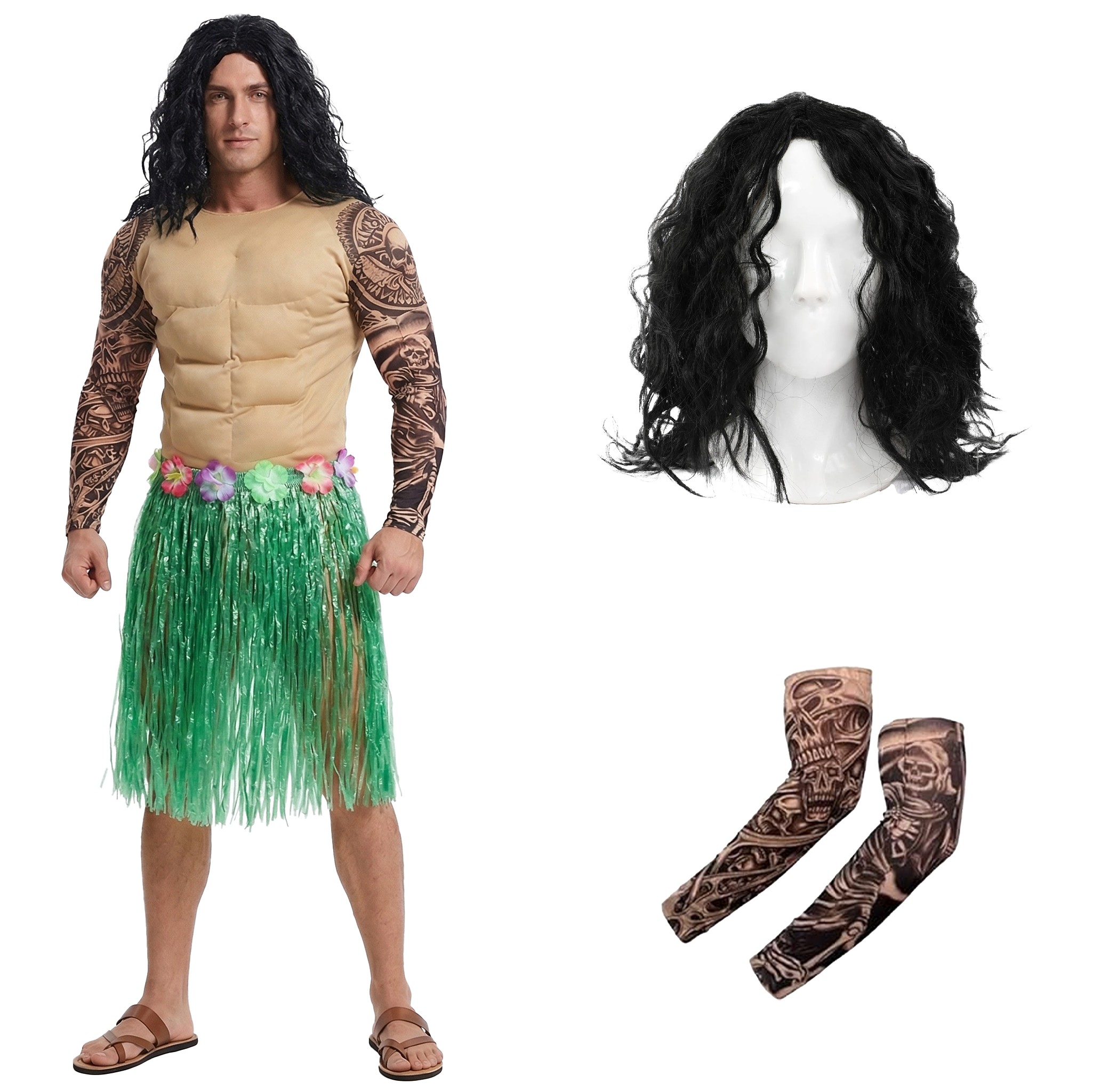 Men's Hawaiian Demigod Costume | 4 Pcs | Muscle Chest, Wig, Hawaiian Skirt & Tattoo Sleeves