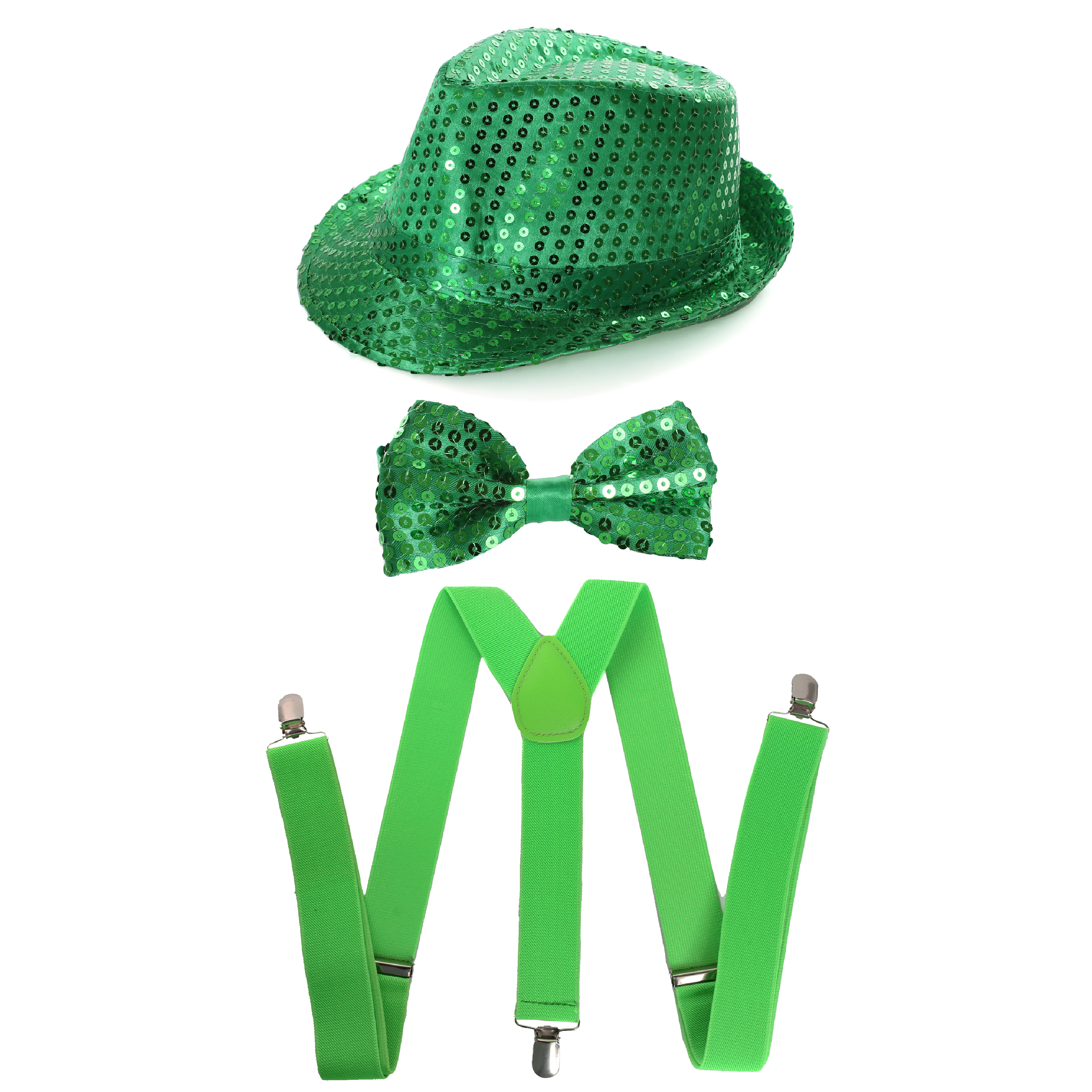 Green Sequin Trilby Hat, Green Sequin Bow Tie & Green Braces