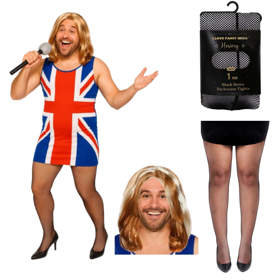 Men's Union Jack Dress Stag Do Costume | 3 Pcs | Dress, Wig & Tights