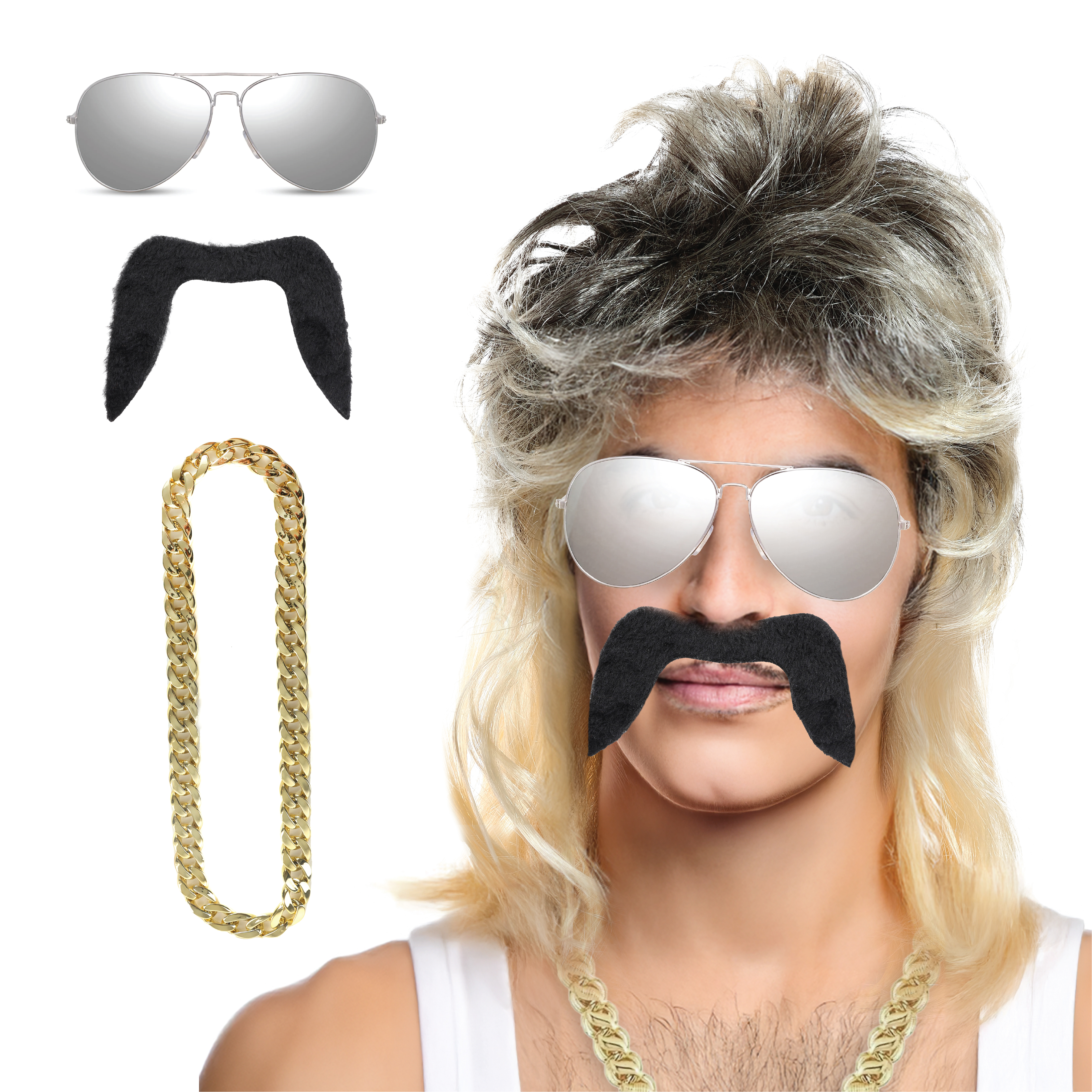 Tiger King Accessory Set - Mullet Wig, Glasses, Tash & Chain