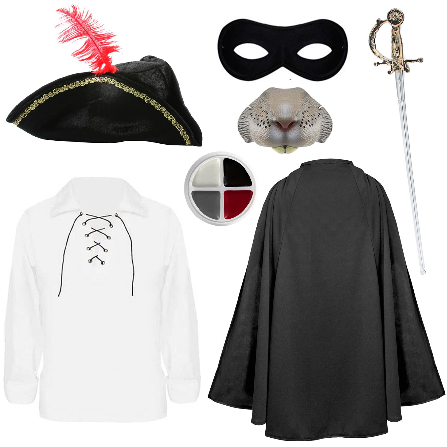 Childs Highway Rodent Costume | 7 Pcs | Shirt, Cape, Feather Tricorn Hat, Nose, Mask, Sword & Face Paint