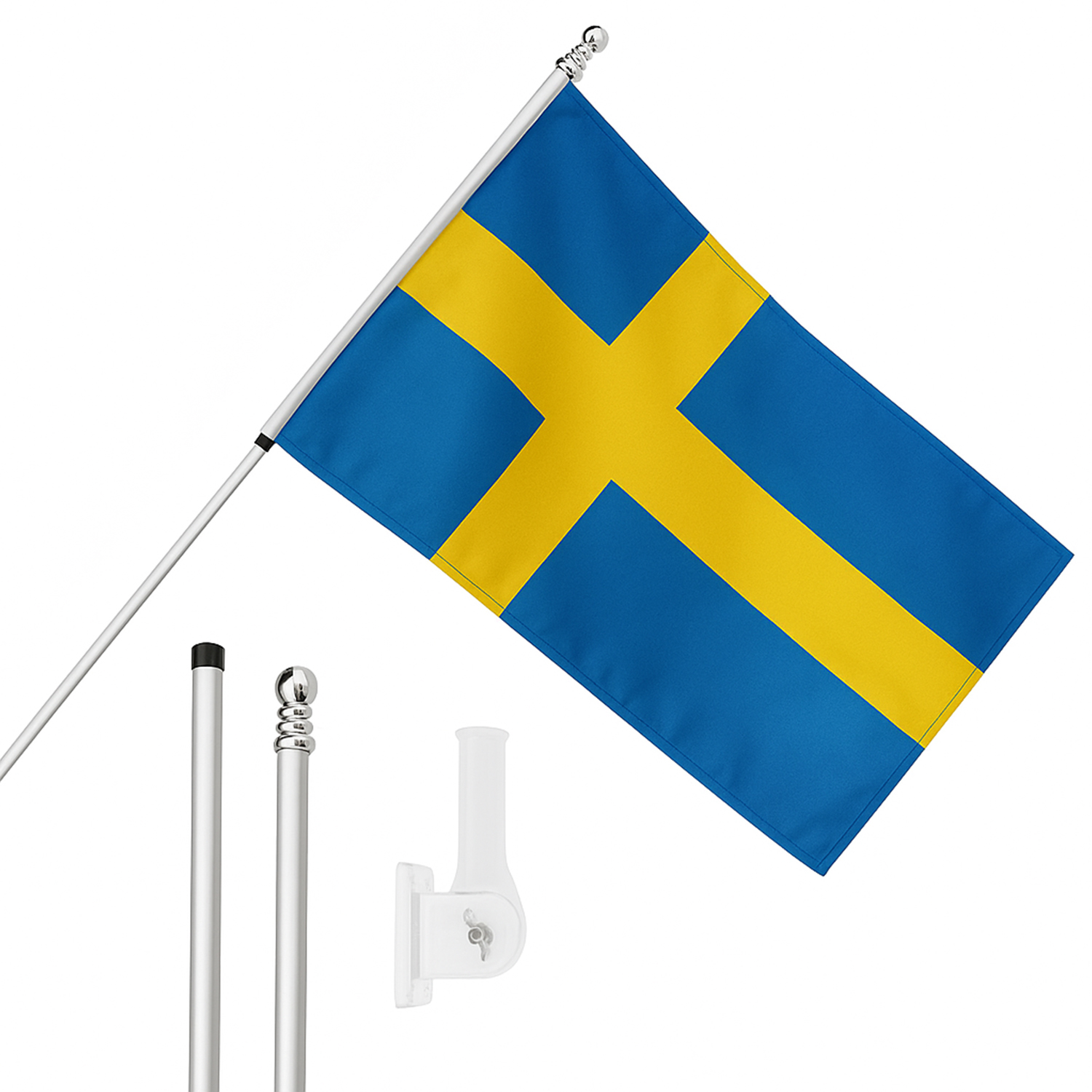 Large 5ft X 3ft Sweden Flag with 6ft Pole & Wall Bracket