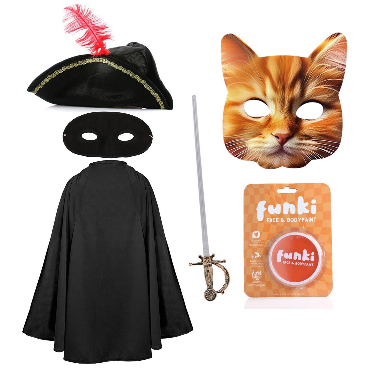 Childs Cat Bandit Costume | 6 Pcs | Cape, Hat, Black Mask, Cat Mask, Sword & Orange Face Paint