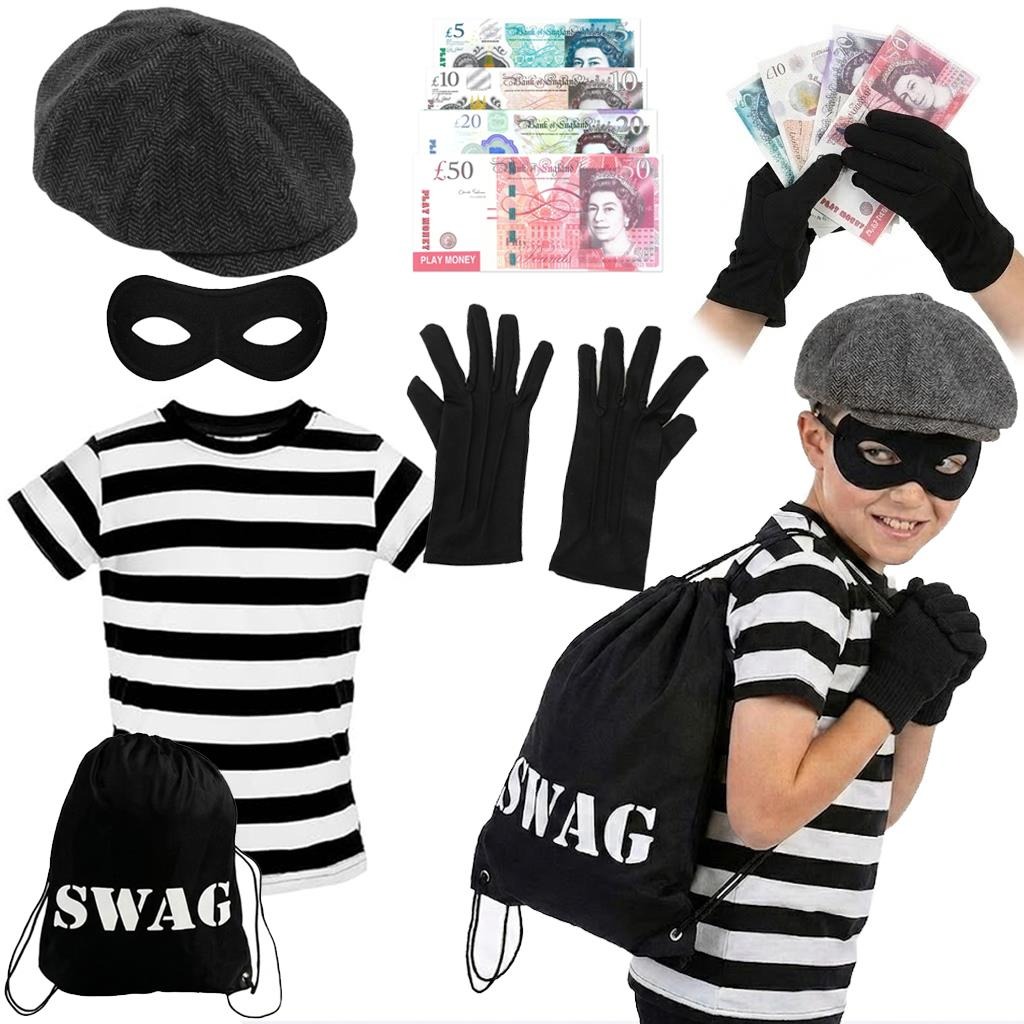 Child's Storybook Burglar Costume | 6 Pcs | Short Sleeve Top, Cap, Eye Mask, Swag Bag, Gloves & Fake Money