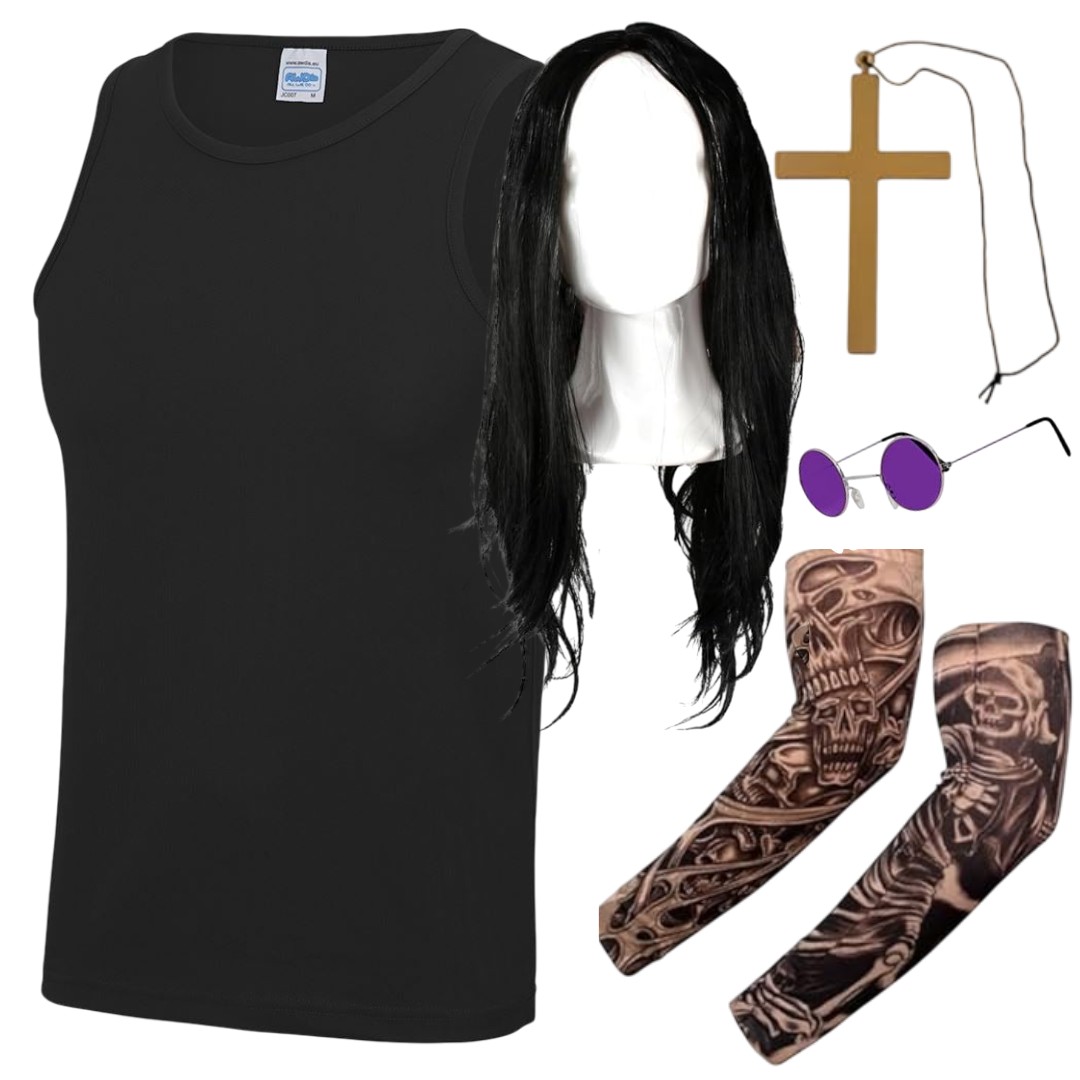 Prince of Darkness Costume | 5 Pcs | Black Vest, Wig, Glasses, Tattoo Sleeves & Cross Necklace