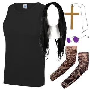 Prince of Darkness Costume | 5 Pcs | Black Vest, Wig, Glasses, Tattoo Sleeves & Cross Necklace