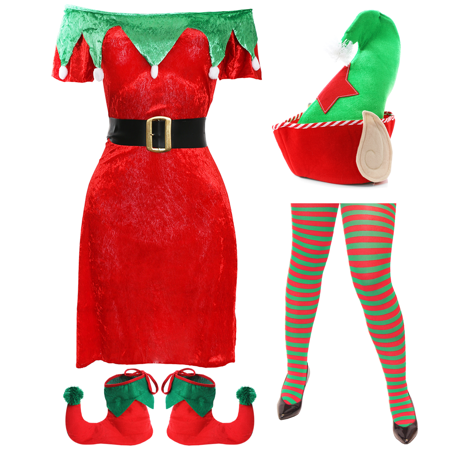 Ladies Deluxe Elf Costume - Velour Dress, Tights, Boots & Hat