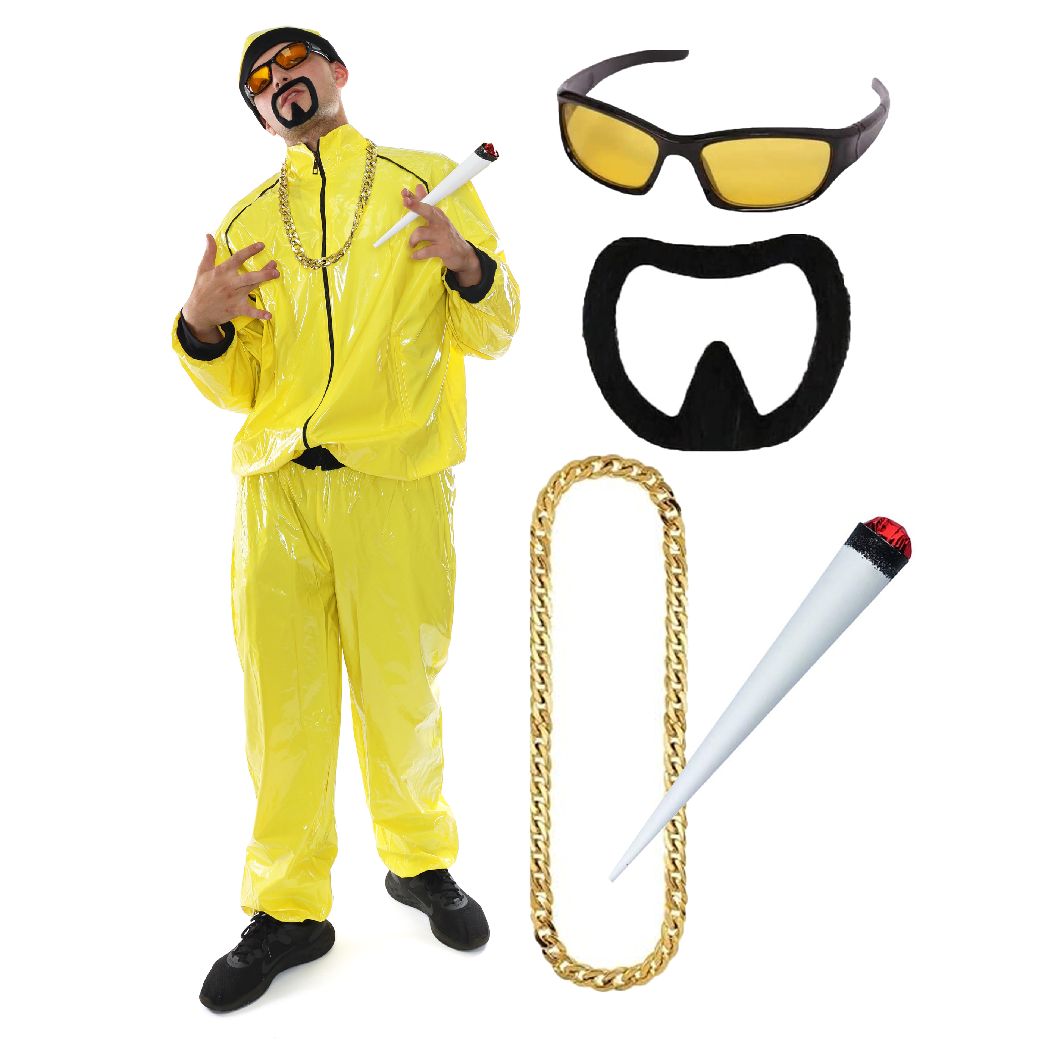 Adults Funny 90's Rapper Costume - Yellow Hat, Glasses, Goatee, Gold Chain & Spliff
