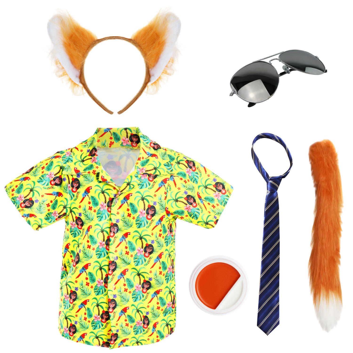 Adults Nick Fox Costume | 6 Pcs | Shirt, Ears, Tie, Sunglasses, Thin Tail & Face Paint