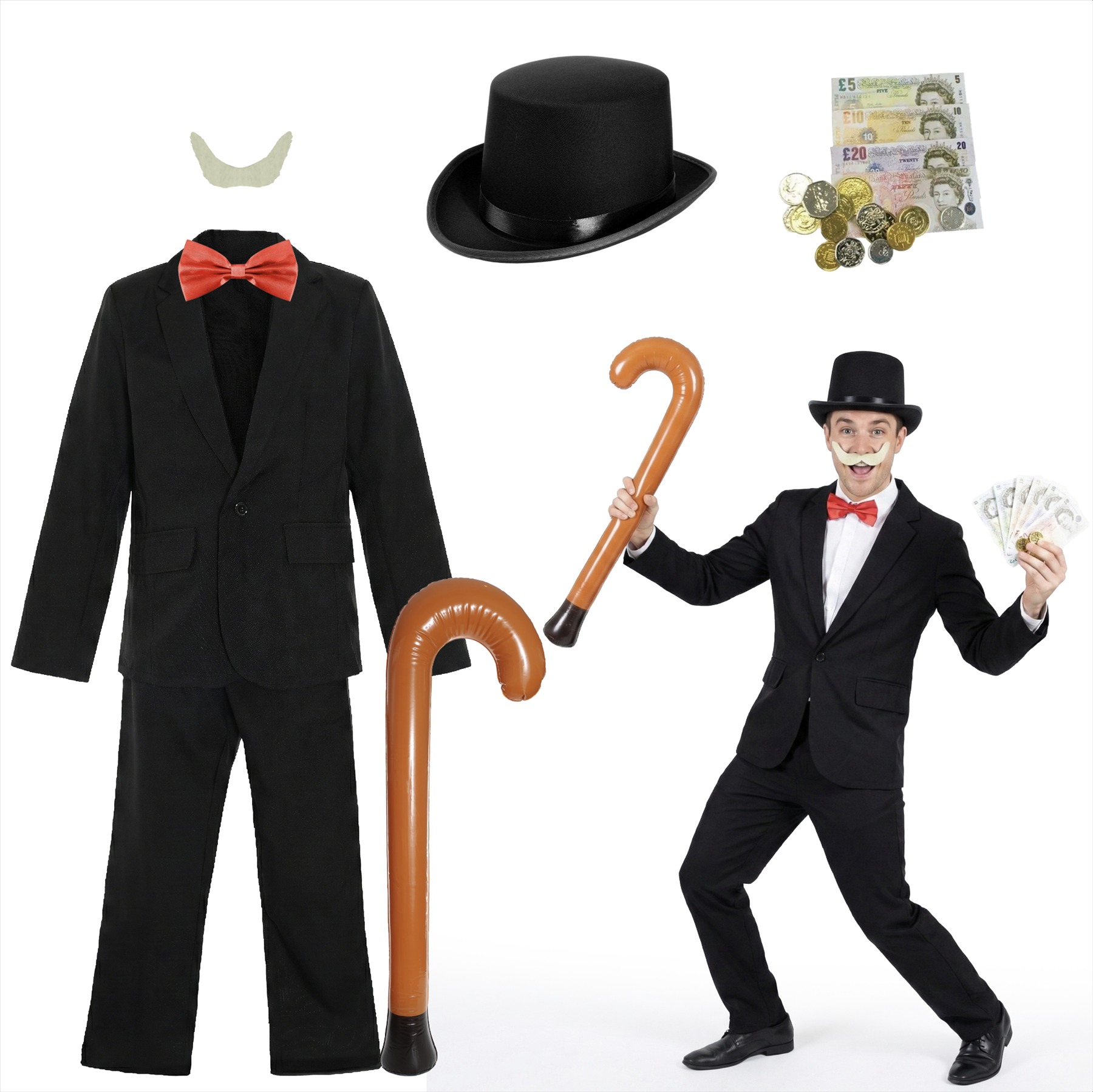 Adults Money Boardgame Man | 7 Pcs | Blazer, Trousers, Top Hat, Bow Tie, Tash, Walking Stick & Fake Money