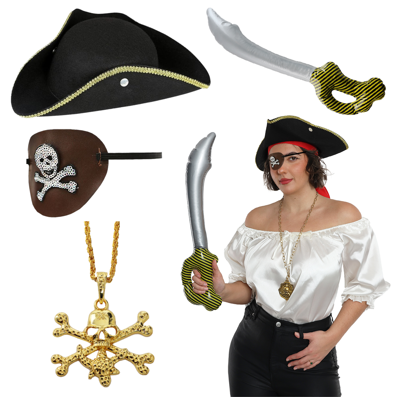 Ladies Pirate Costume Set | 5 Pcs | White Blouse, Hat, Inflatable Sword, Eye Patch & Gold Necklace