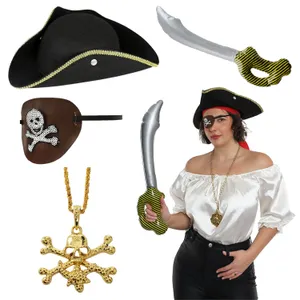 Ladies Pirate Costume Set | 5 Pcs | White Blouse, Hat, Inflatable Sword, Eye Patch & Gold Necklace