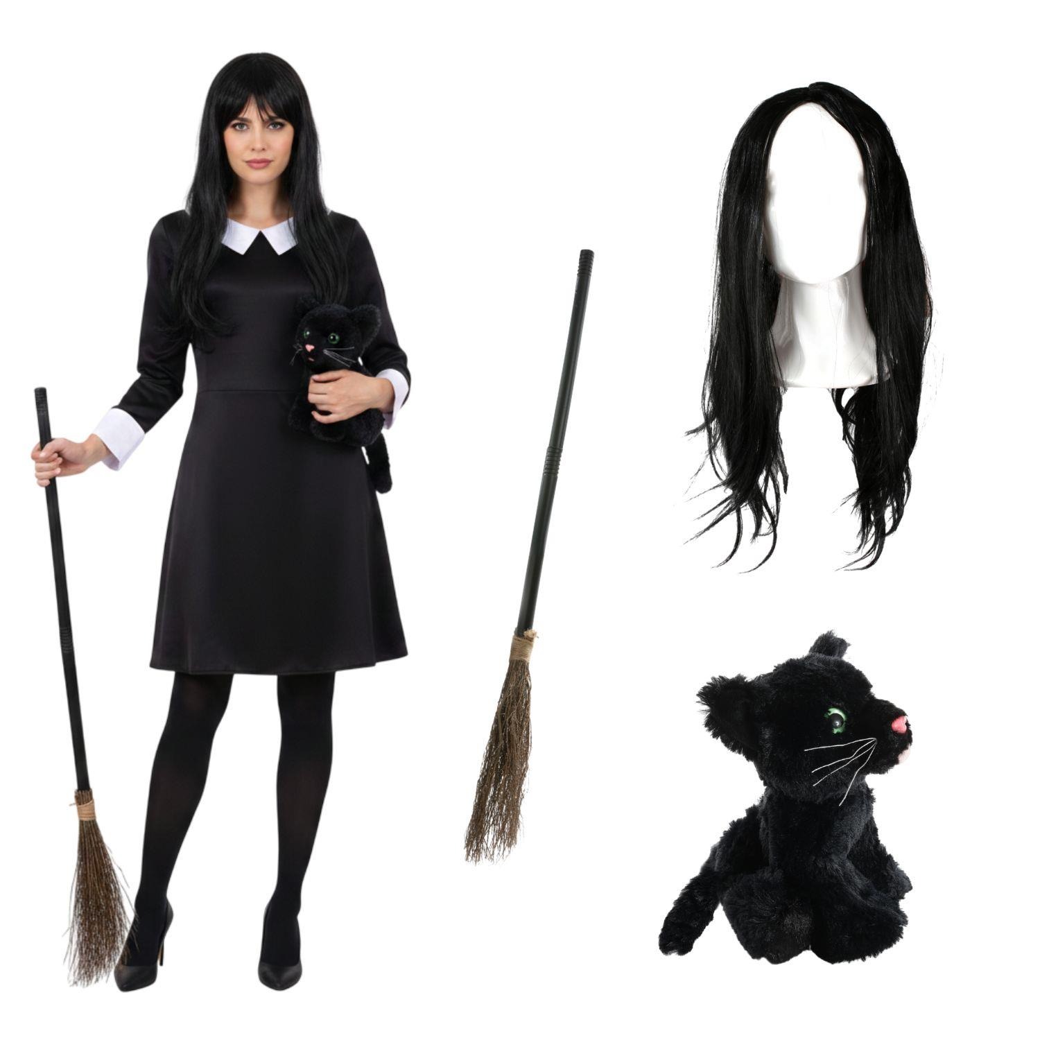 Ladies Hooky Witch Costume | 4 Pcs | Collared Dress, Broom, Cat Toy & Wig