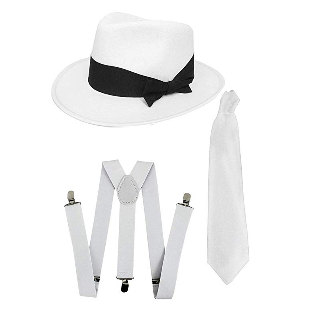 Gangster Set- White Trilby Hat, White Tie & White Braces