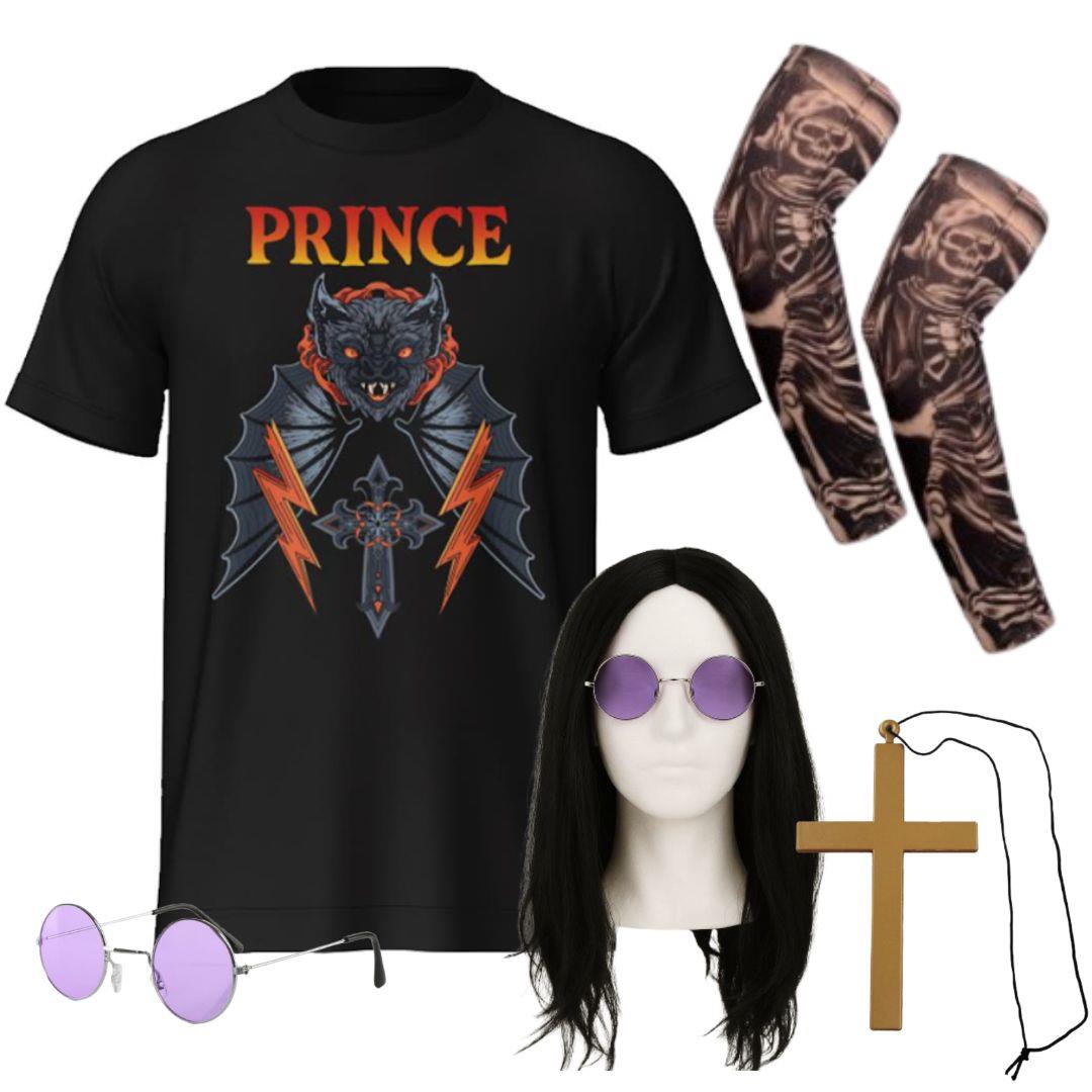 Prince of Darkness Costume | 5 Pcs | T-Shirt, Wig, Glasses, Tattoo Sleeves & Cross Necklace