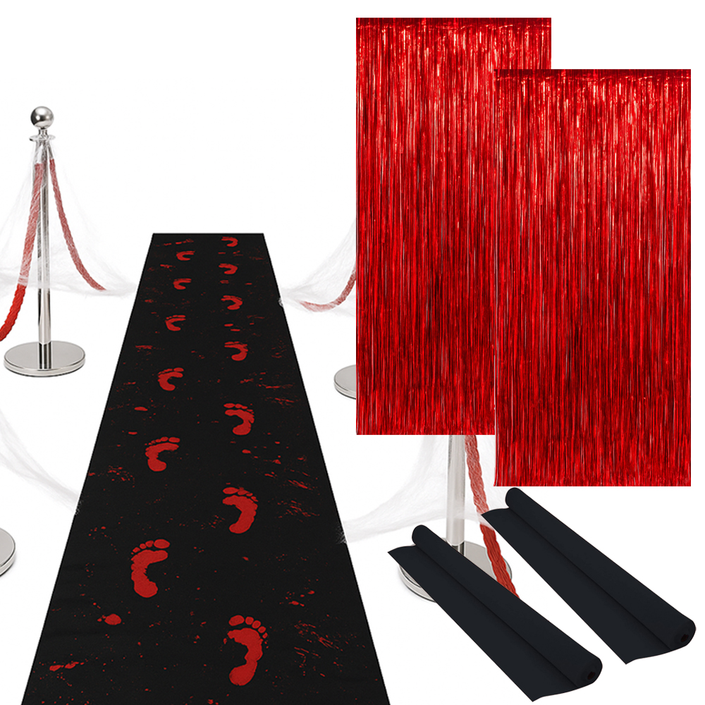 Halloween Horror Decoration Set | Bloody Footprint Runners & Red Foil Curtains for Haunted House