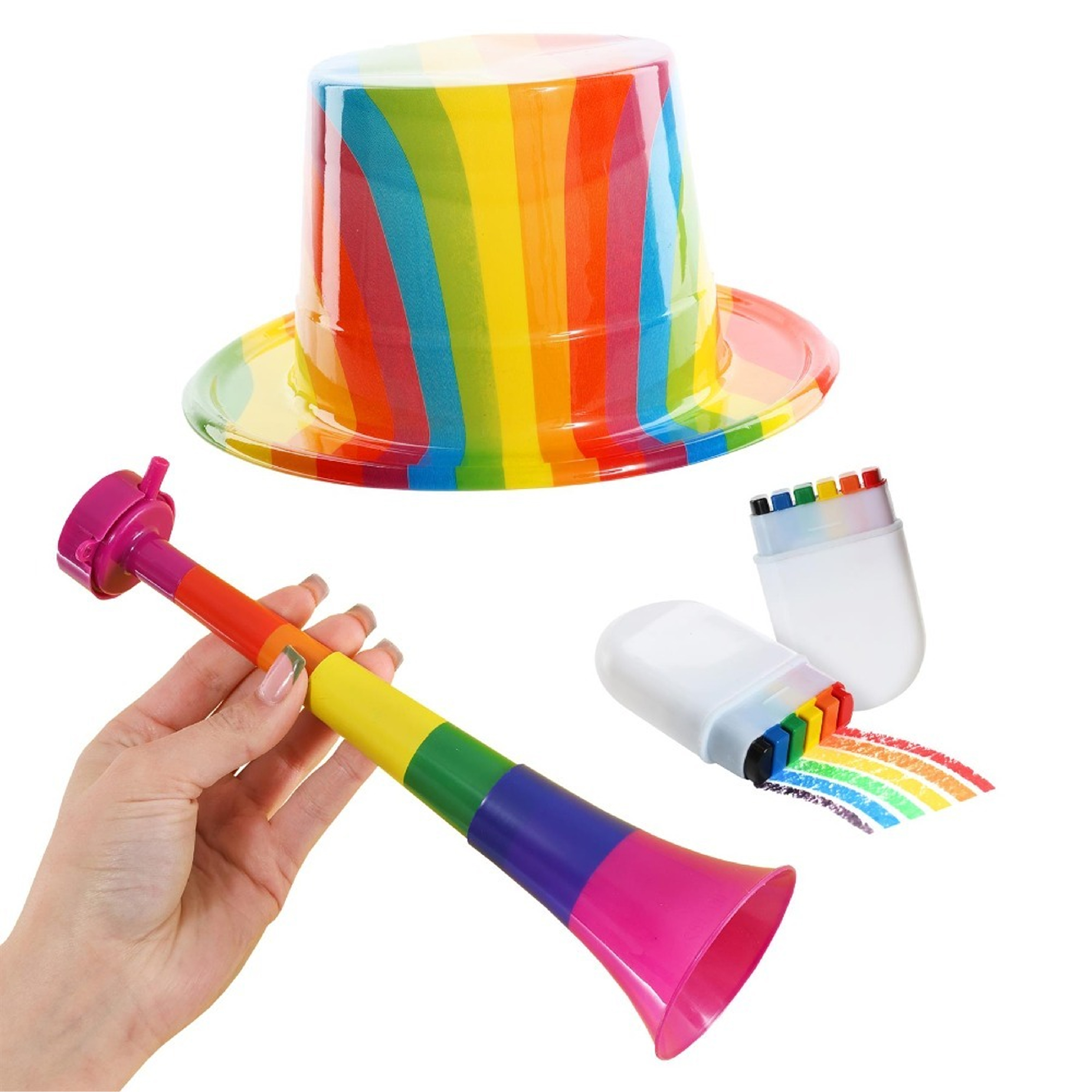 Pride Hat, Vuvuzela & Face Paint Set – Rainbow Design | One Size Hat (58cm) & 27cm Vuvuzela