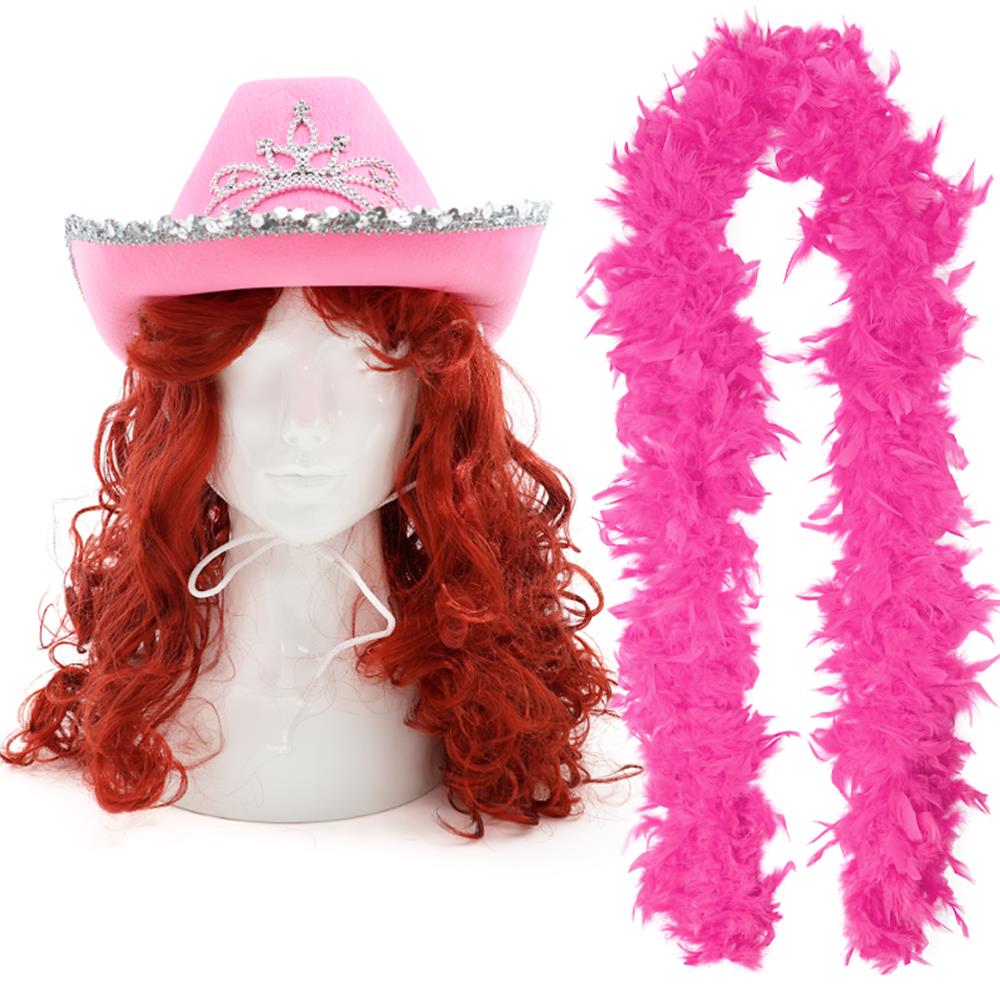 Pink Cowgirl Party Club Set | 3 Pcs | Cowboy Hat, Wig & Feather Boa