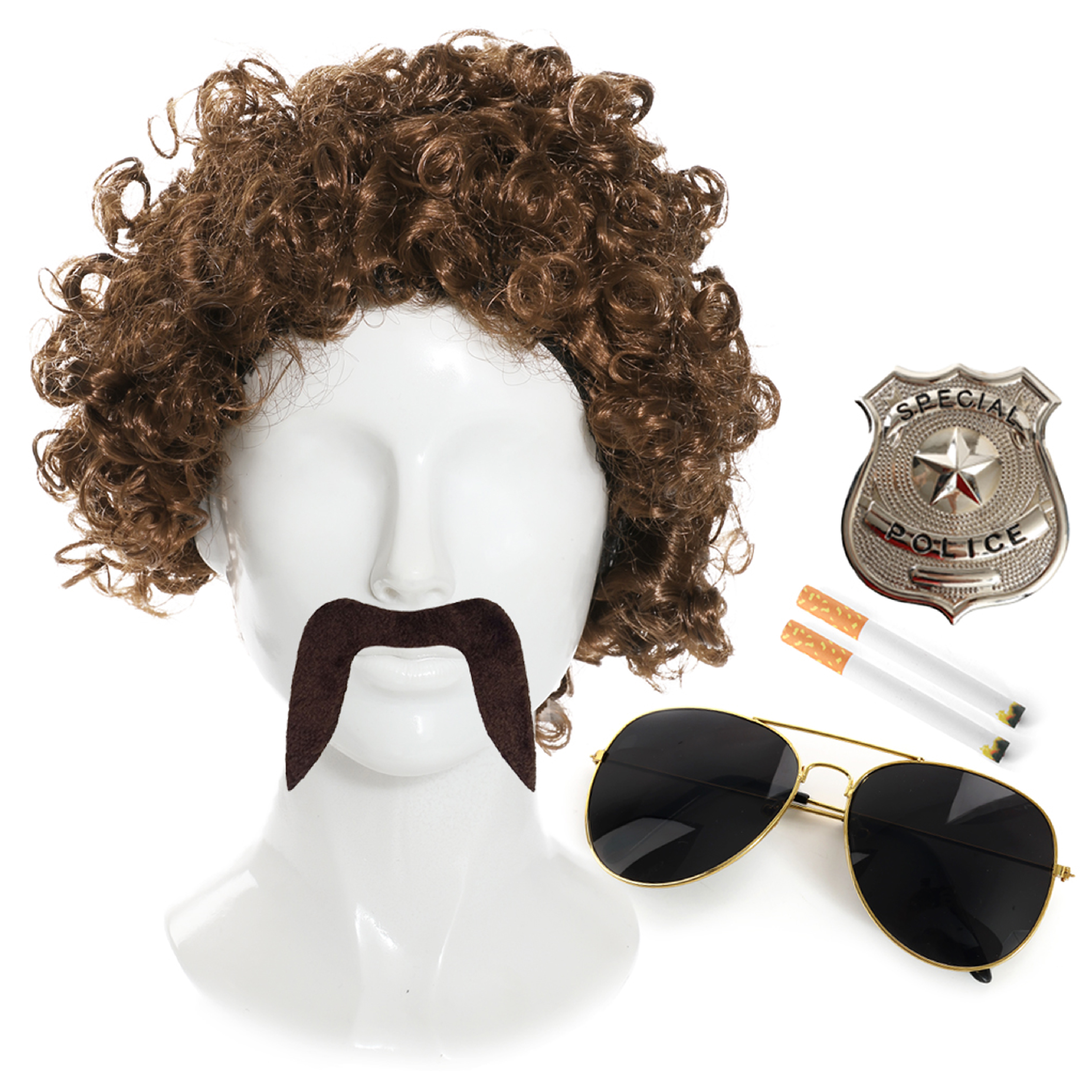 70's Cop Accessories Set with Brown Wig
